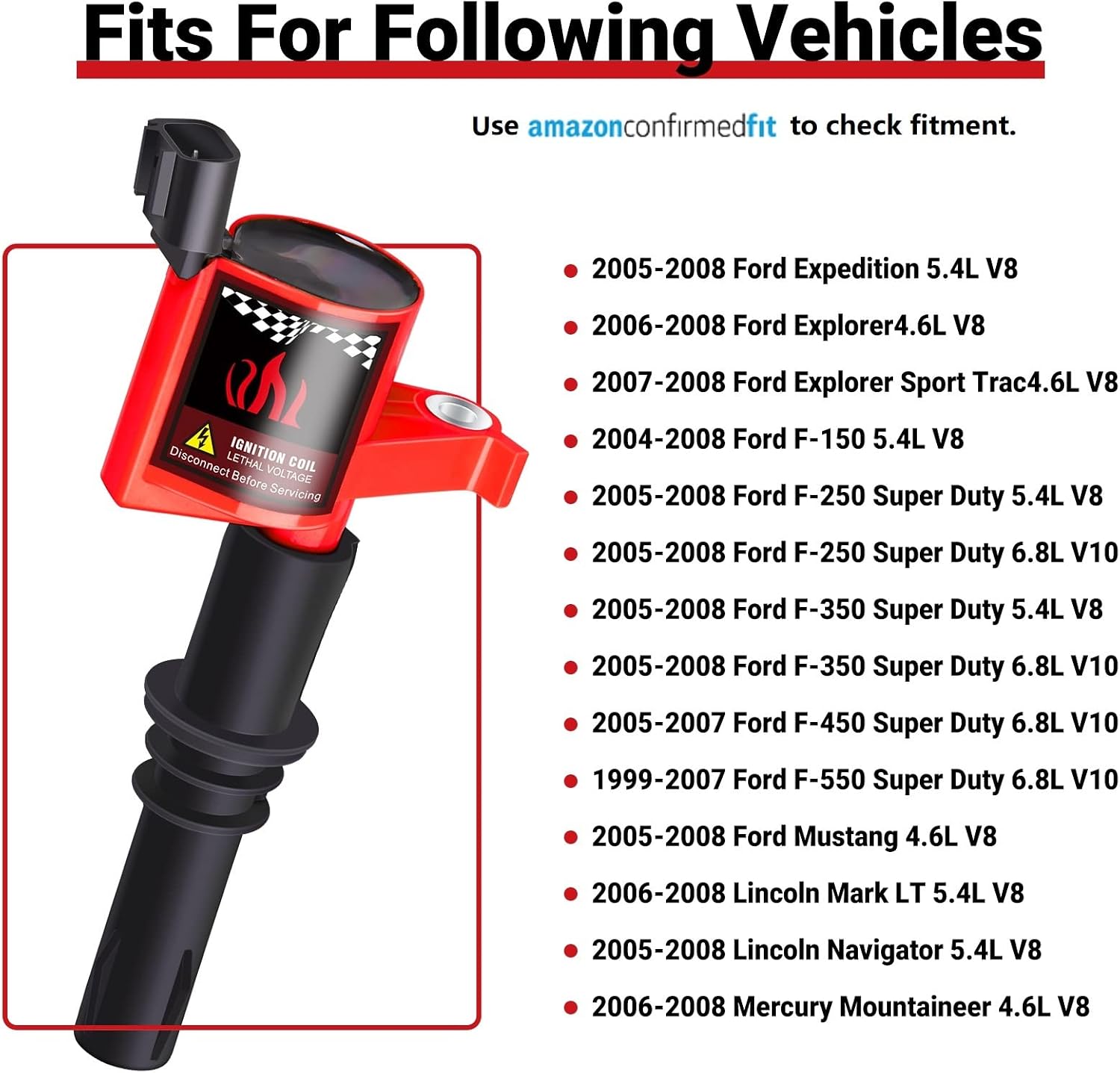 CarBole Pack of 8pcs Straight Boot Ignition Coils Compatible with 1999-2008 Ford Lincoln Mercury V8 V10 4.6L 5.4L 6.8L Replacement for DG511 FD508 E508 UF537 IC558
