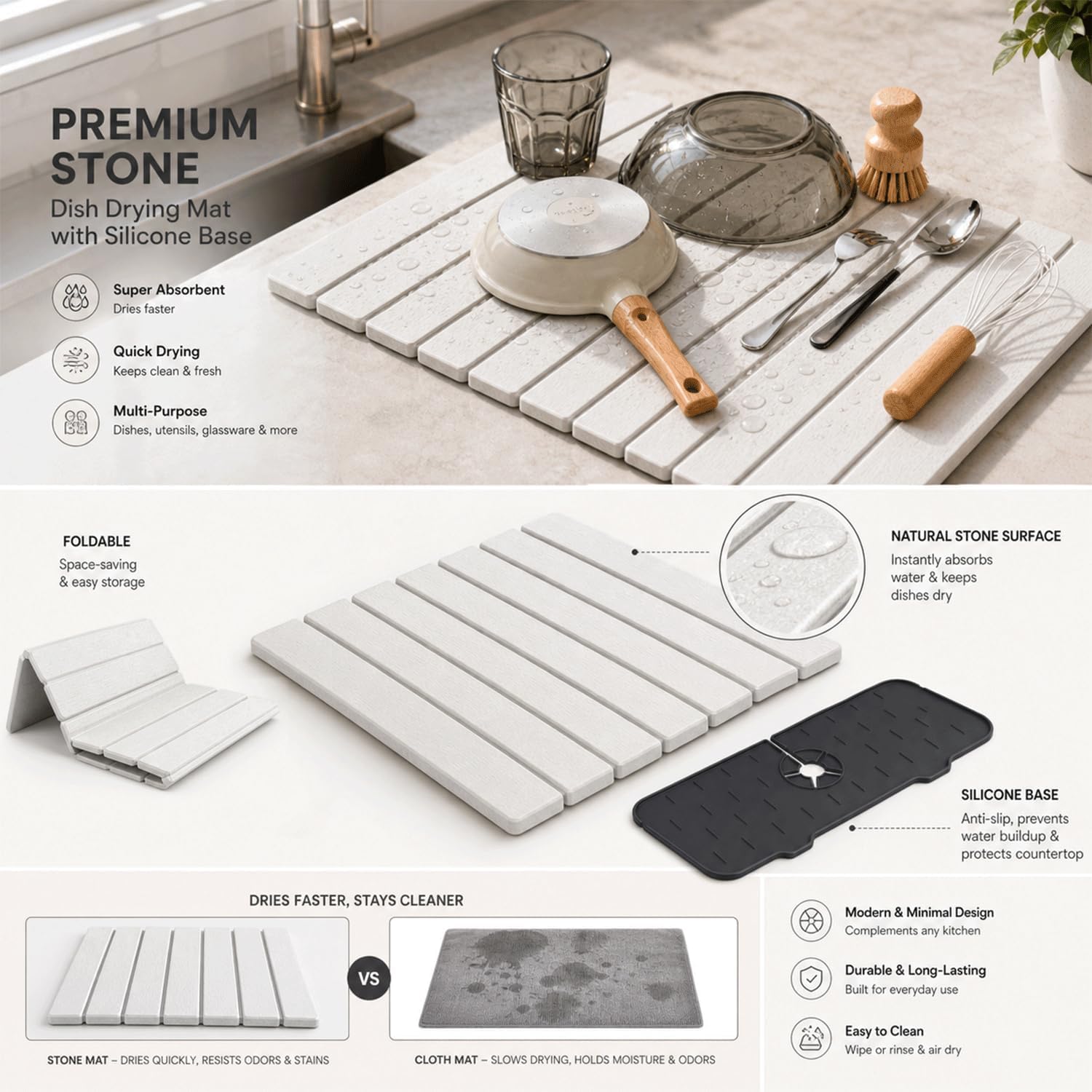 Large Dish Drying Mat for Kitchen Counter with Silicone Sink Mat & Cleaning Sandpaper, Super Absorbent Quick Dry Stone Dish Drying Mat, Non-Slip Countertop Protector Luxory Style