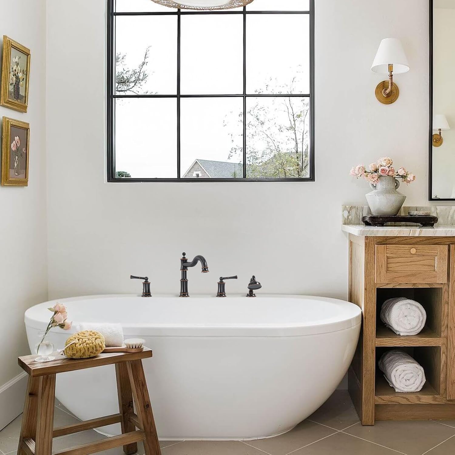 Roman Tub Faucet Set with Sprayer - High Flow Brass 18-24 Inch Widespread 4-Hole Deck Mount Bathtub Faucet, 360-Degree Swivel Spout, Rough-In Valve, 2 Handles, Oil Rubbed Bronze