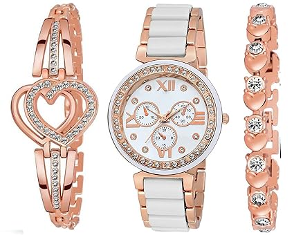 The Shopoholic Analog Black White Dial Watch with Heart Shape Bracelet Combo for Womens and Girls Pack of 3