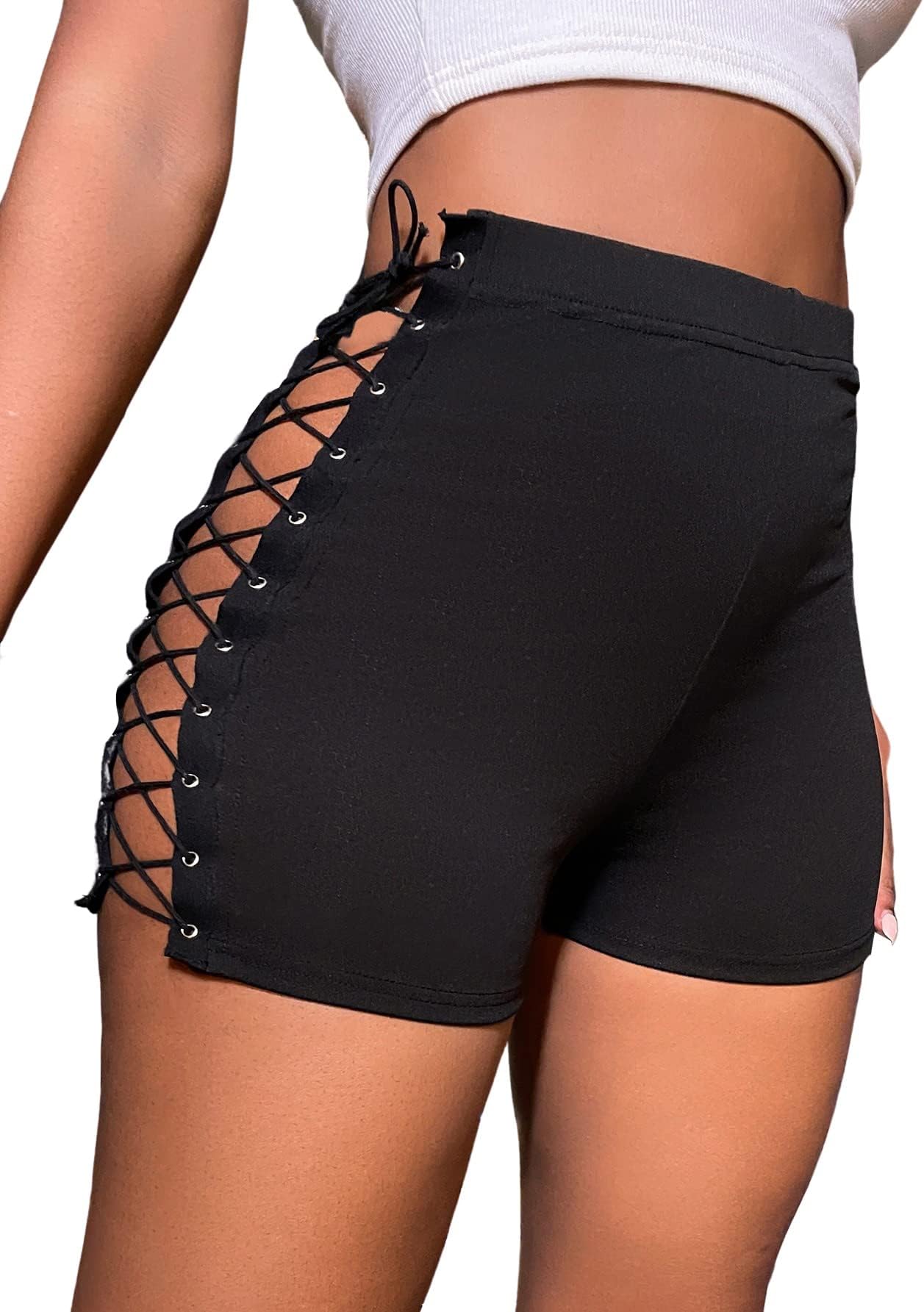 VerdusaWomen's Lace Up Side Crisscross High Waist Skinny Shorts