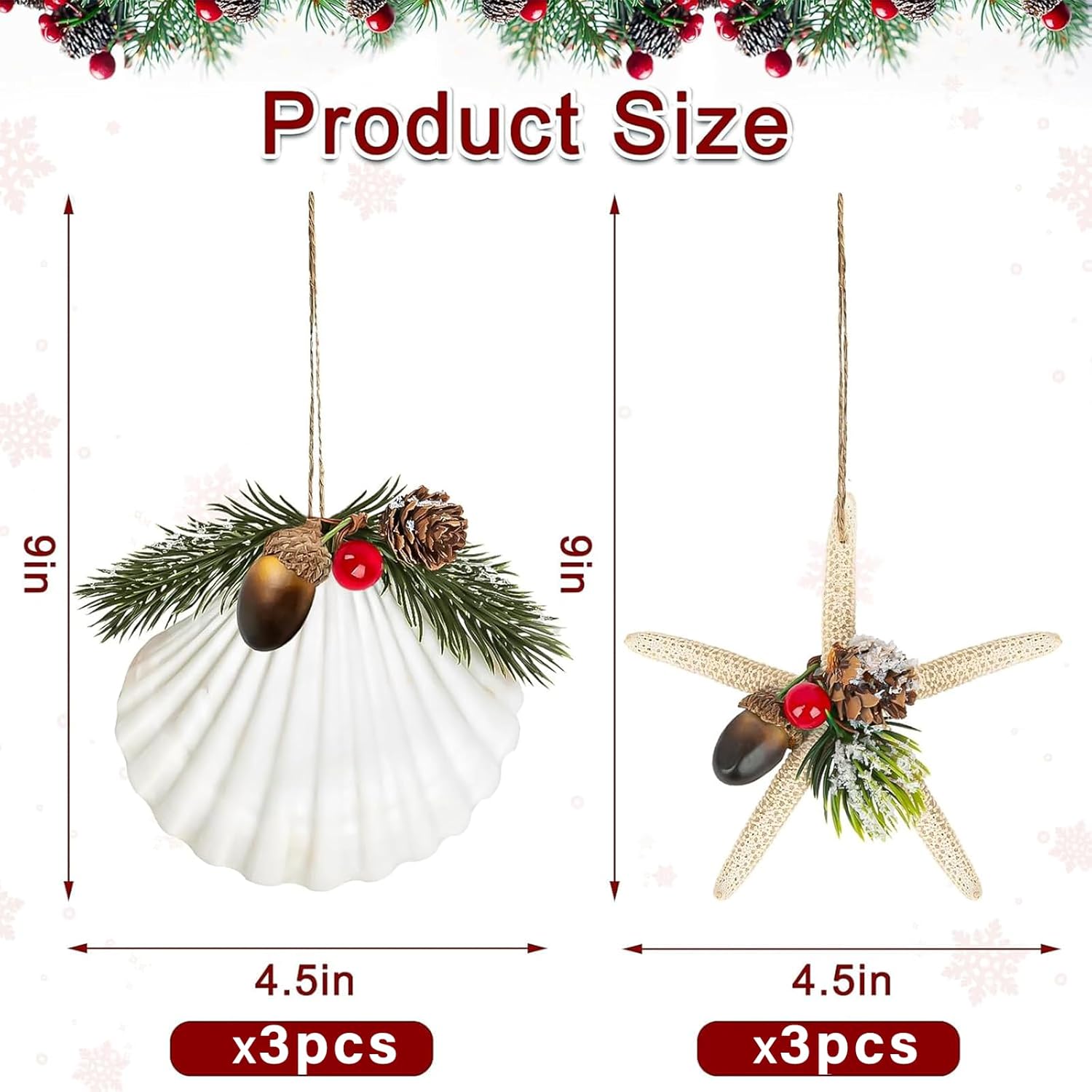 Seashell Starfish Ornaments for Christmas Tree 6PCS Handmade Natural Sea Shells & Starfish Crafts with Natural Pine Cones, for Christmas Decorations Coastal Beach Nautical Christmas Tree Ornaments - Image 4
