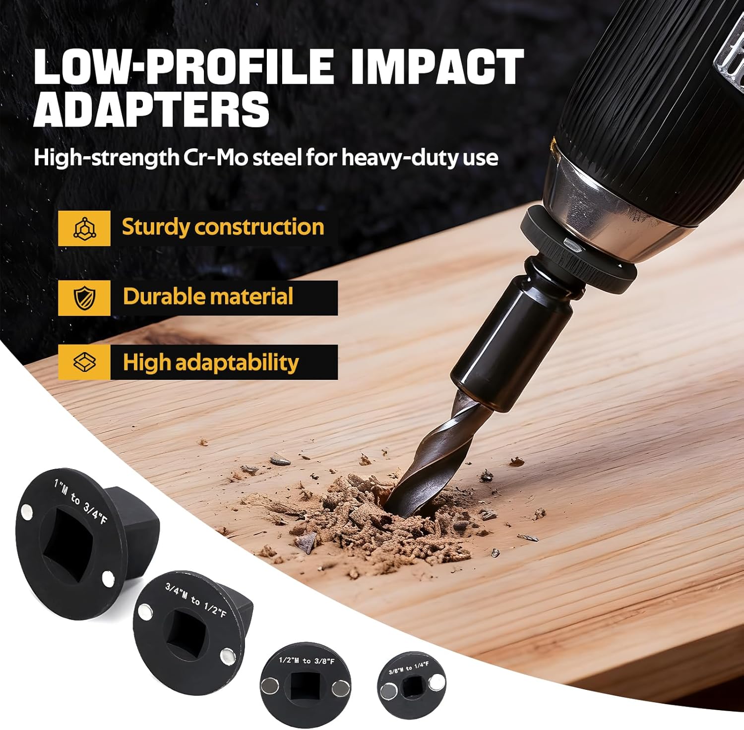 Low Profile Impact Socket Adapter Set Drive Ratchet Adapter Set Impact Adapter Set 1" to 3/4", 3/4" to 1/2", 1/2" to 3/8",and 3/8" to 1/4", for Automotive & DIY Tools