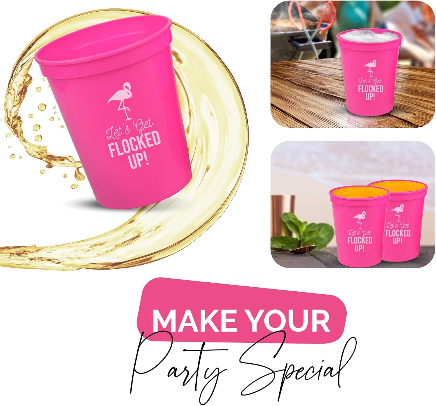 Let's Get Flocked UP! 12 Pink and White Lets Get Flocked Up 16oz Stadium Flamingo Cups, Perfect for Birthday Party, Flamingo Bachelorette Party Decorations, Bridal Showers Beach Let's Flamingle (Pink)