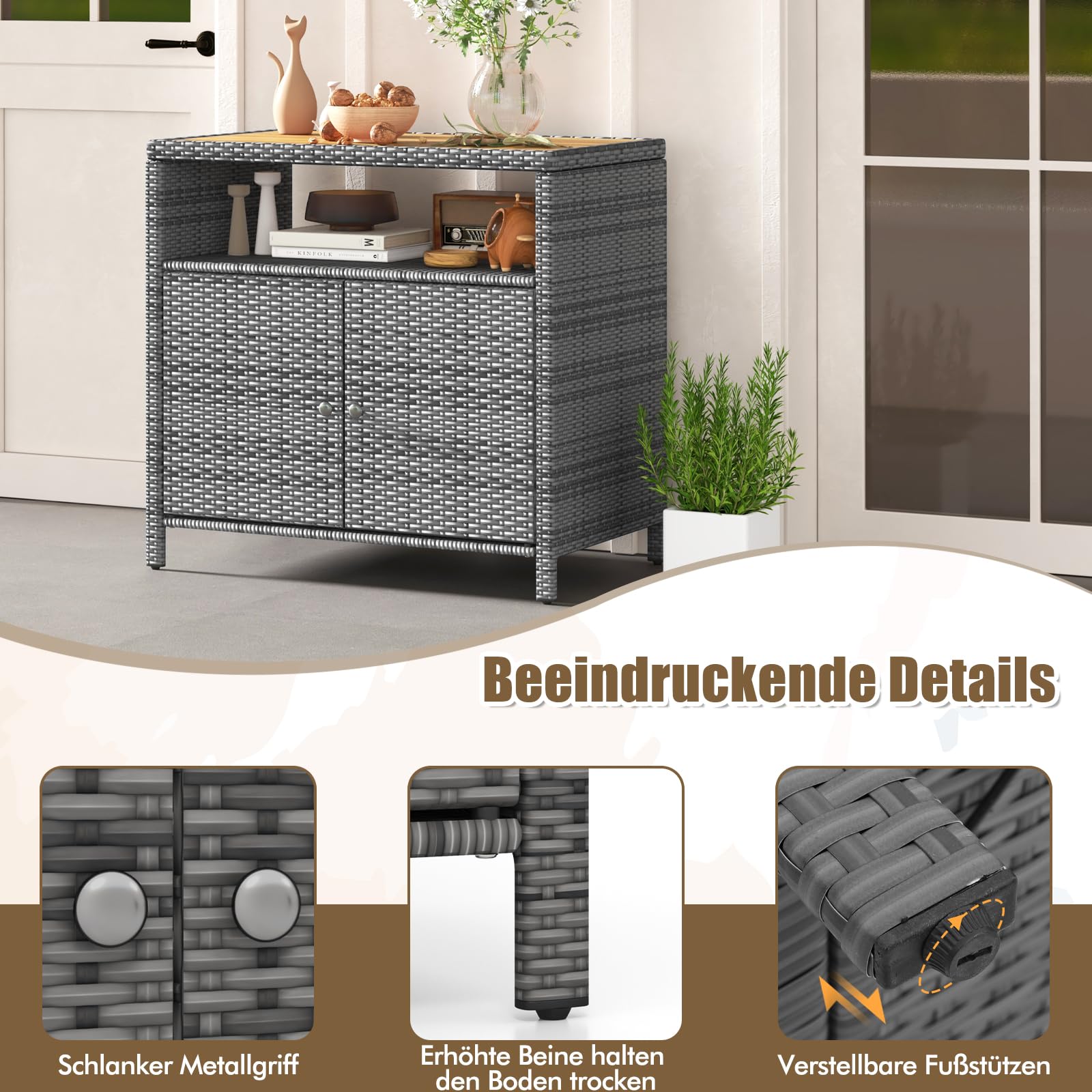 GYMAX Gartenschrank Rattan Terrassenschrank Doppeltür Akazienholz Arbeitsplatte offenes Regal Outdoor Aufbewahrungsschrank 90x53x86 cm Grau