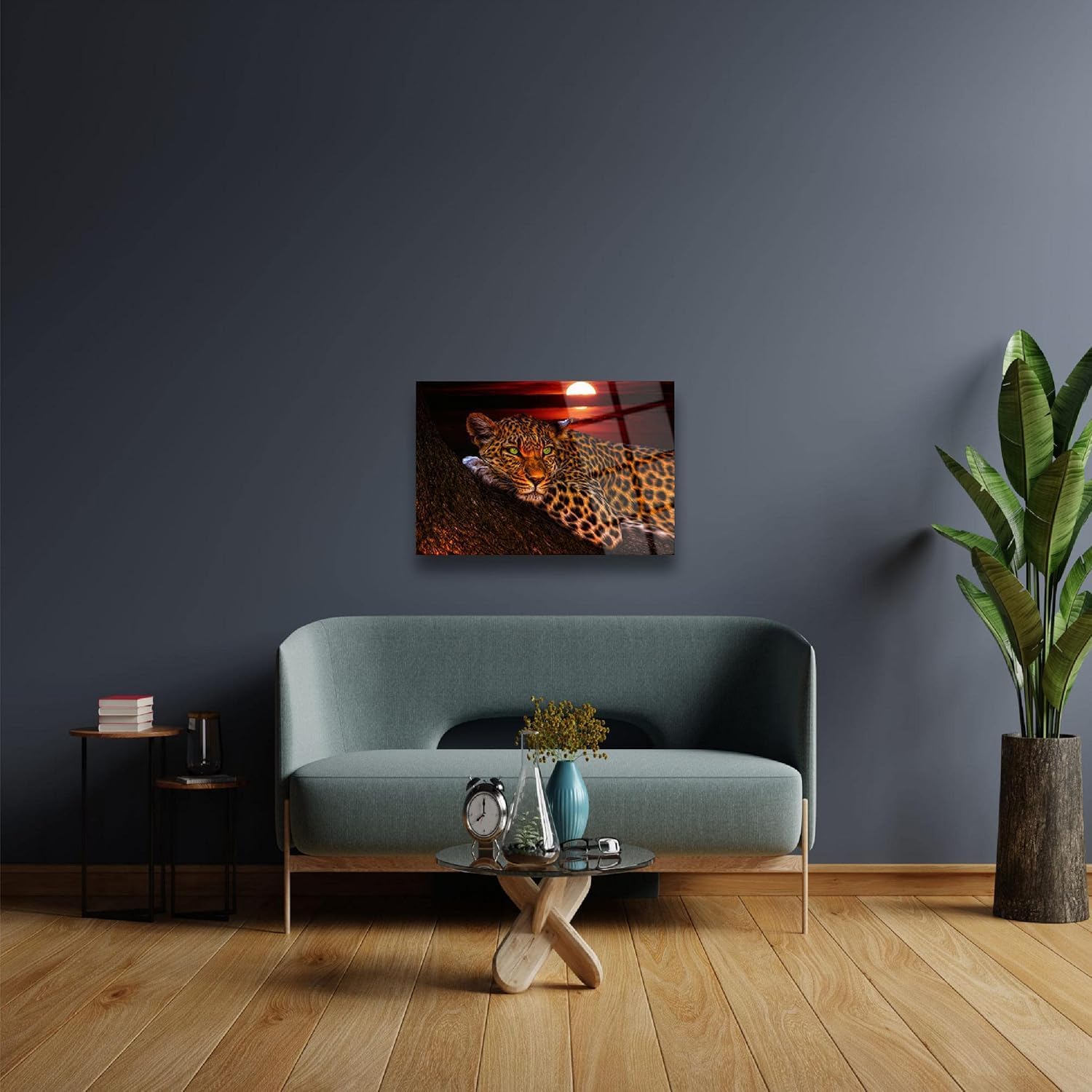 Glass Wall Art Animal Leopard with Sunset Themed Wall Decor Home Living Room Entryway Bedroom Decoration Vivid Color, UV Printed Durable and Tempered Glass with Size Options ((70x100cm)28x40 Inches)