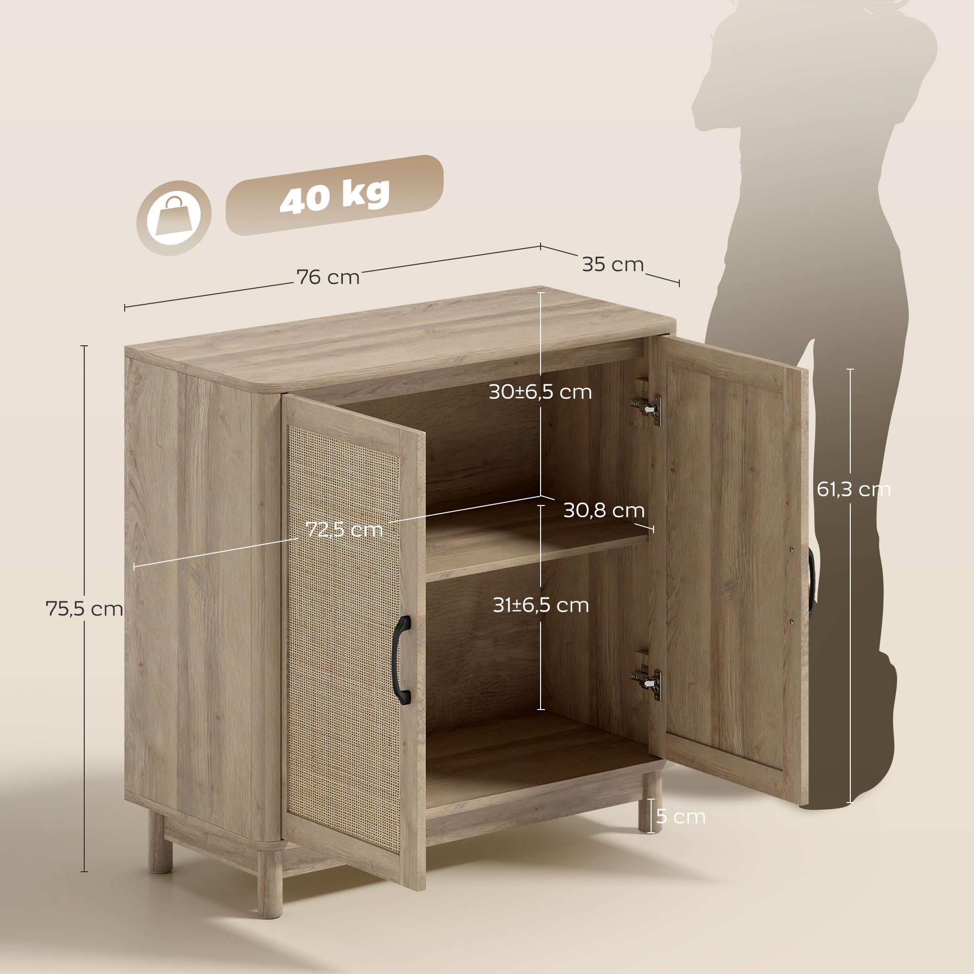 HOMCOM Aparador Salón 2 Puertas de Ratán Estilo Bohemio 76 x 35 x 75,5 cm Roble | Mueble de almacenamiento, estante ajustable, bordes redondeados, aparador, comedor y cocina
