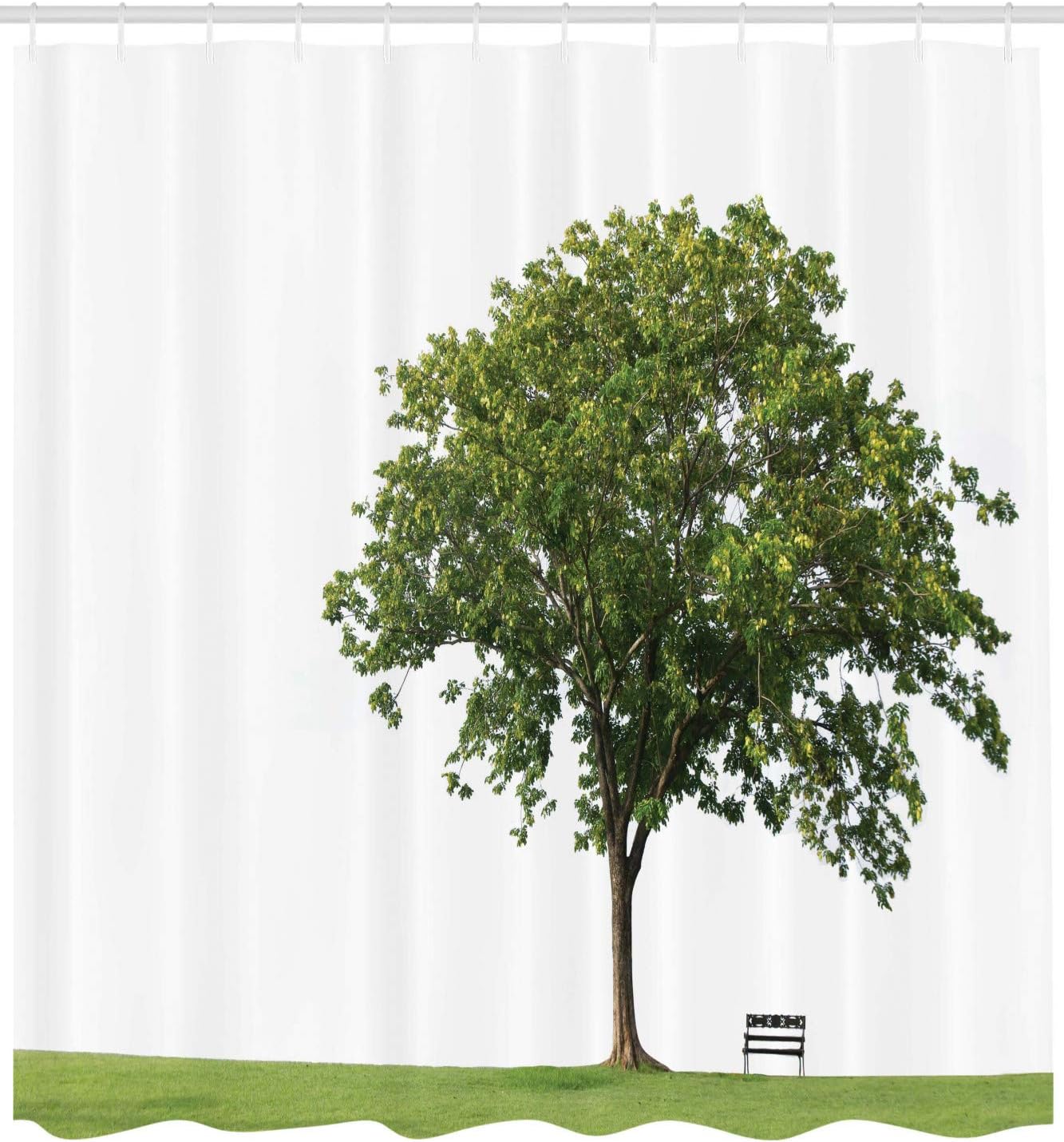 Ambesonne Tree Shower Curtain, Bench Under Majestic Tree Looks Like Solitude in Habitat Environment Design, Cloth Fabric Bathroom Decor Set with Hooks, 69" W x 75" L, Green White