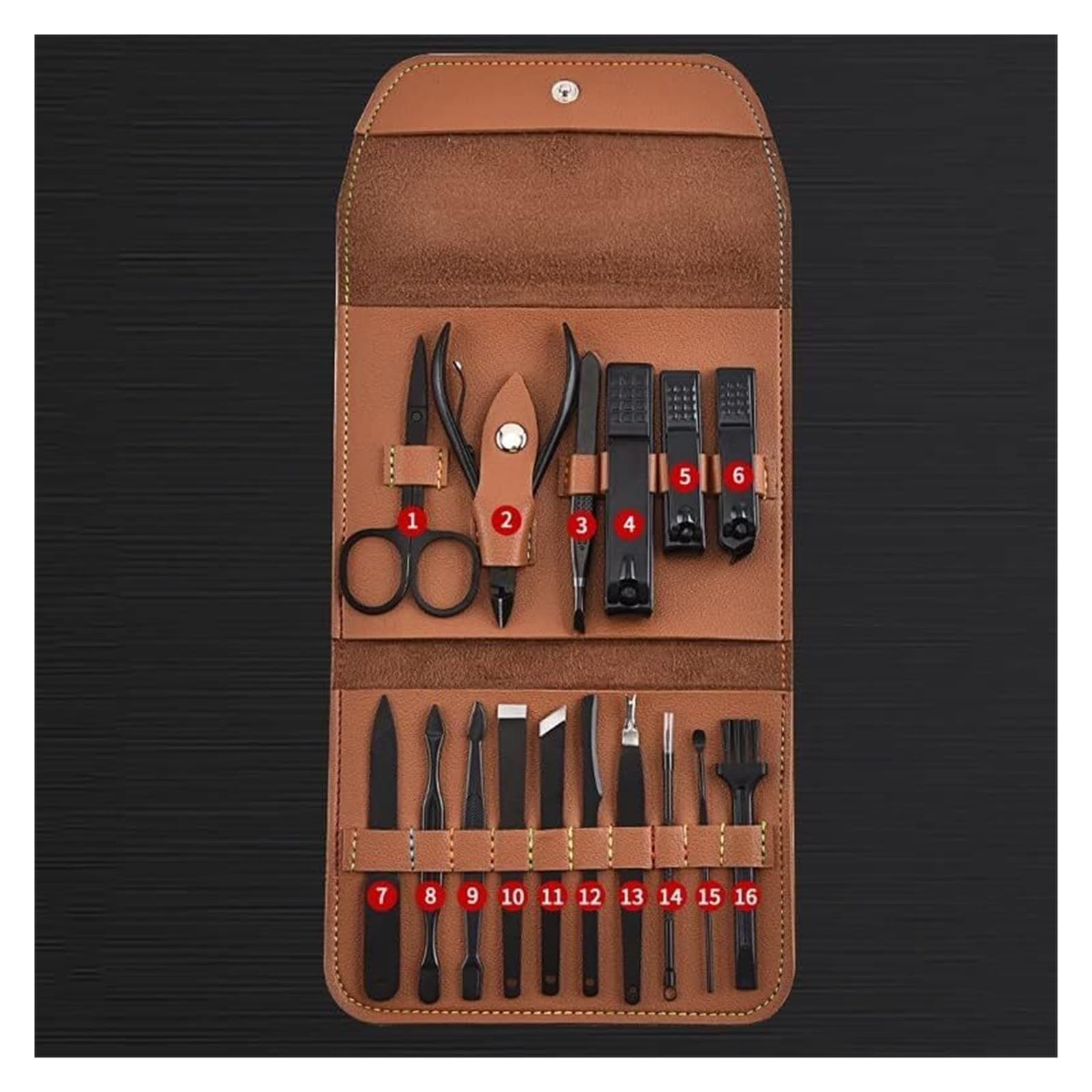 Set de manicura, cortaúñas Profesional, 16 Piezas, Bolsa Plegable, Lima de uñas (Negro)