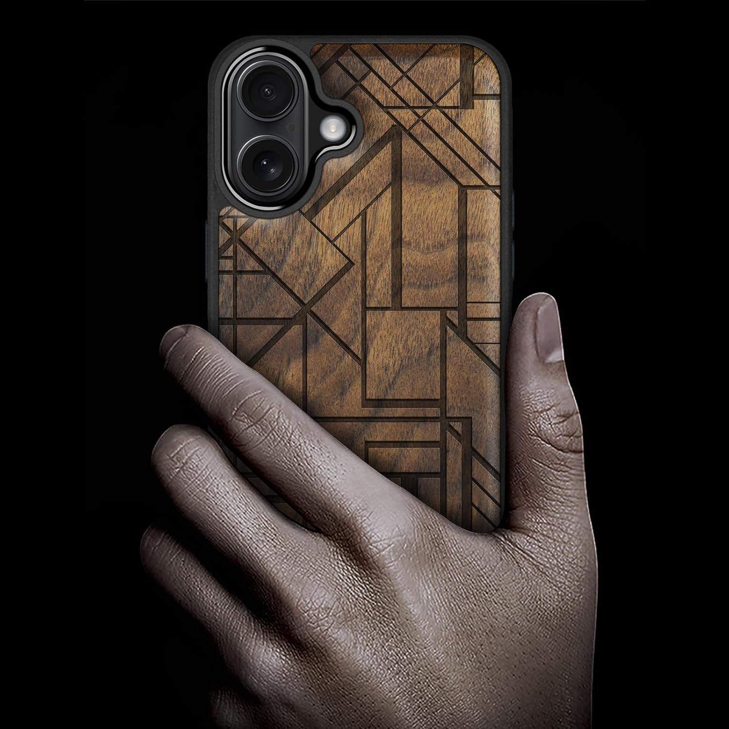 Carveit Magnetic Wooden Case for iPhone 17 Case, Wood Artisan Engraved & Black Soft TPU Shockproof Cover, Compatible with MagSafe Wireless Chargers (Geometric Figure) Walnut