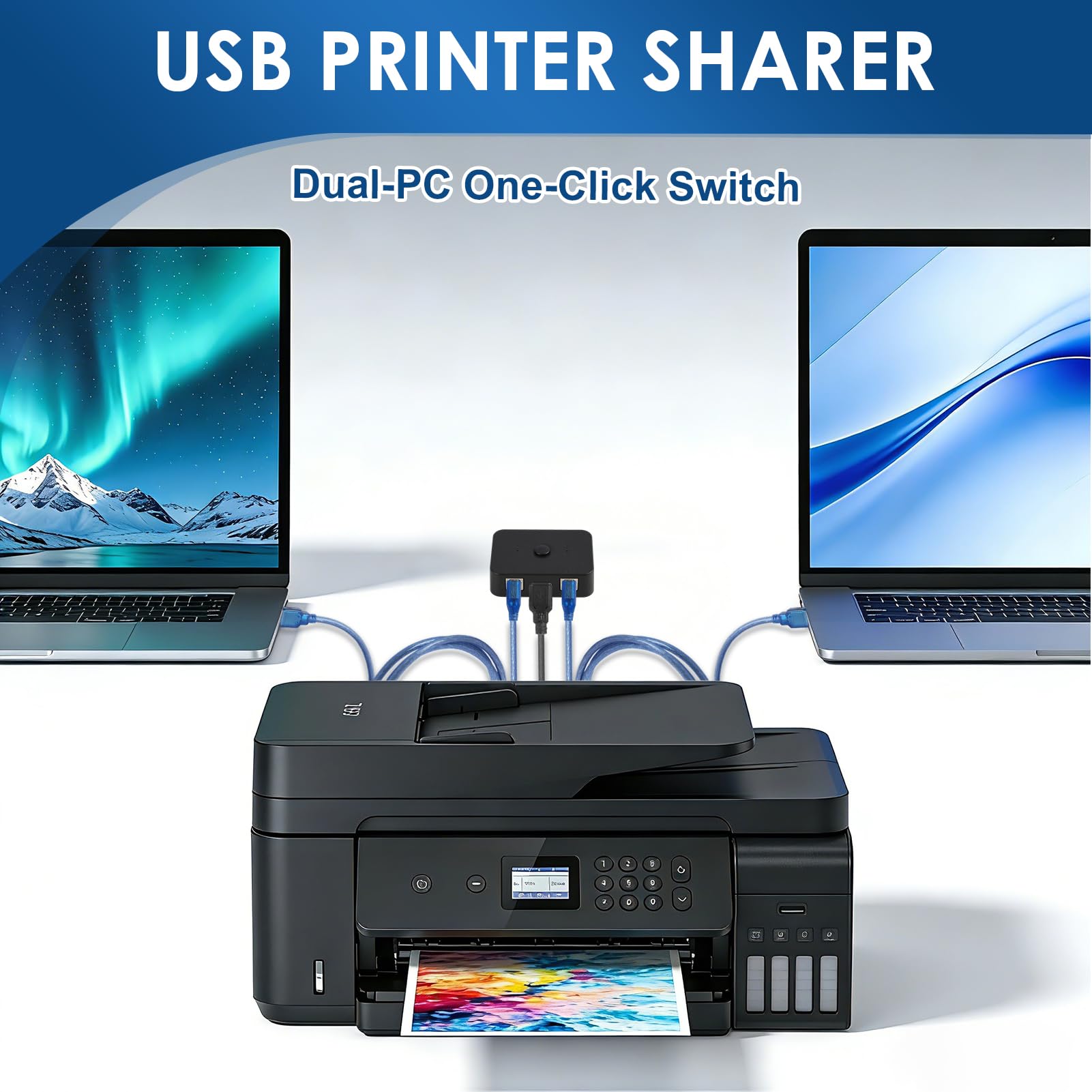 USB Drucker Umschalter 2 PC für effizientes Printer Sharing, USB Switch 2 Port mit elektronischem Schalter, 2×1,5m Druckerkabel inklusive, Plug and Play, ABS Gehäuse, LED Anzeige für Büro