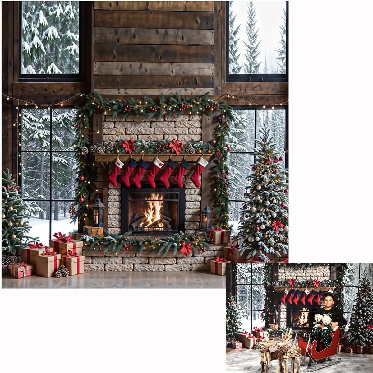 Kate 8x8ft Christmas Photo Backdrop Winter Fireplace with Stockings Decoration Snow Window Backgronds Christmas Tree Scene Xmas Party Background for