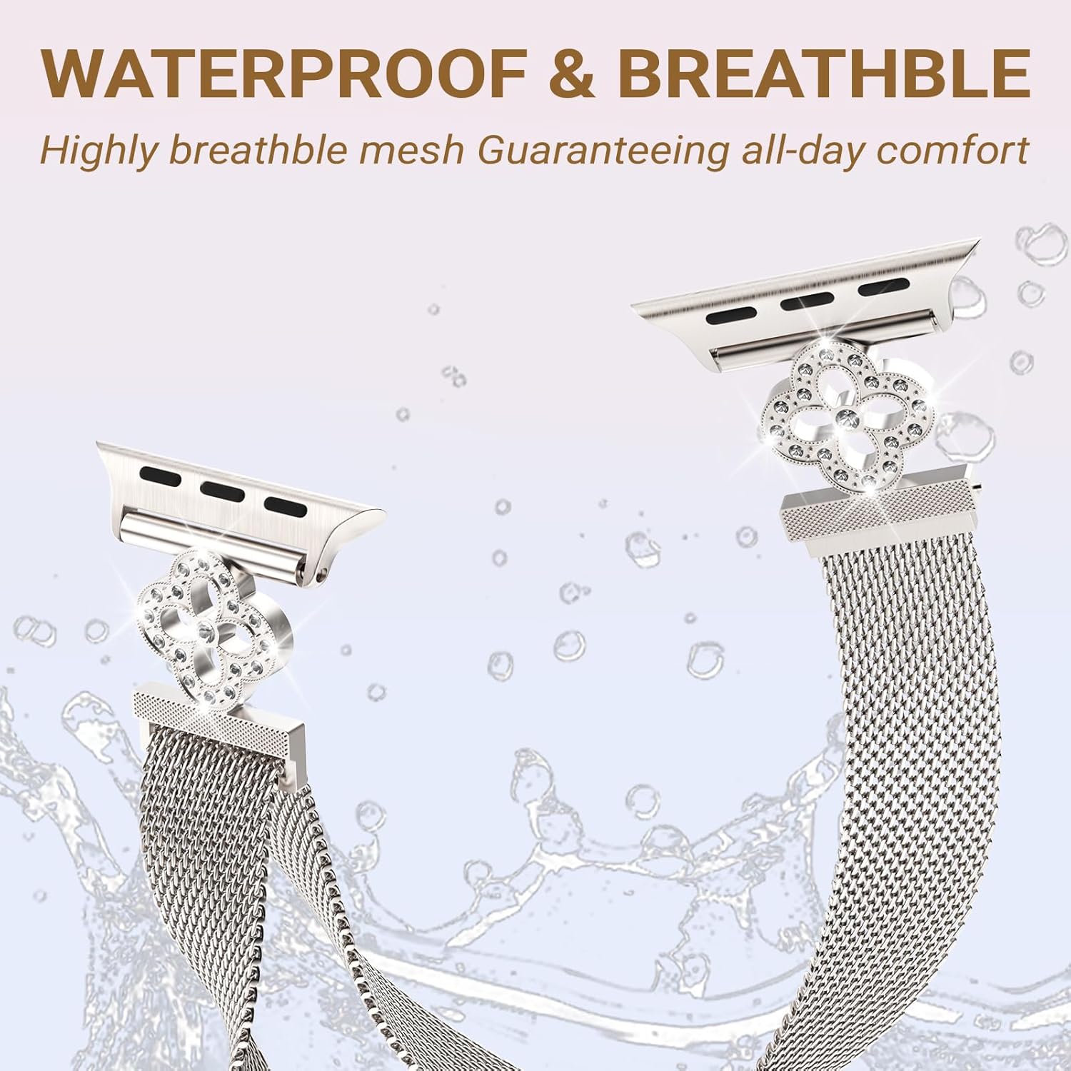 Thin Mesh Loop Compatible with Apple Watch Bands for Women 40mm 41mm 38mm 42mm Series 10 9 8 7 6 5 4 3 2 1 SE, Metal Stainless Steel Magnetic Strap with Clover Diamond Clasp for iWatch Bands - Image 6