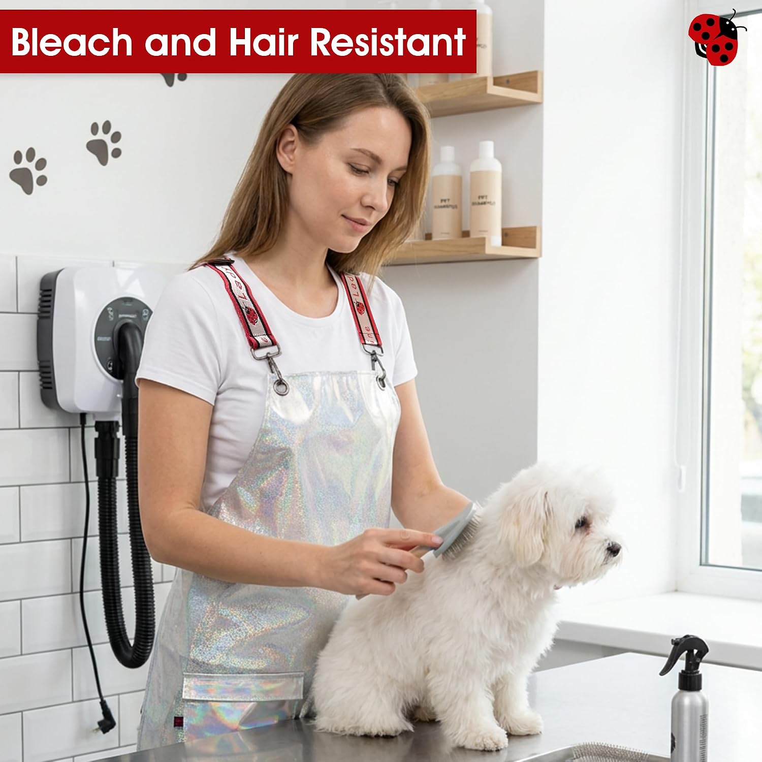 Ladybird Line 111 Clear Sparkling Waterproof Unisex Salon Apron with Signature Crossover Adjustable Strap, 2 Large Front Pockets, for Pet Groomers and Hair Stylists, One Size Fits Most