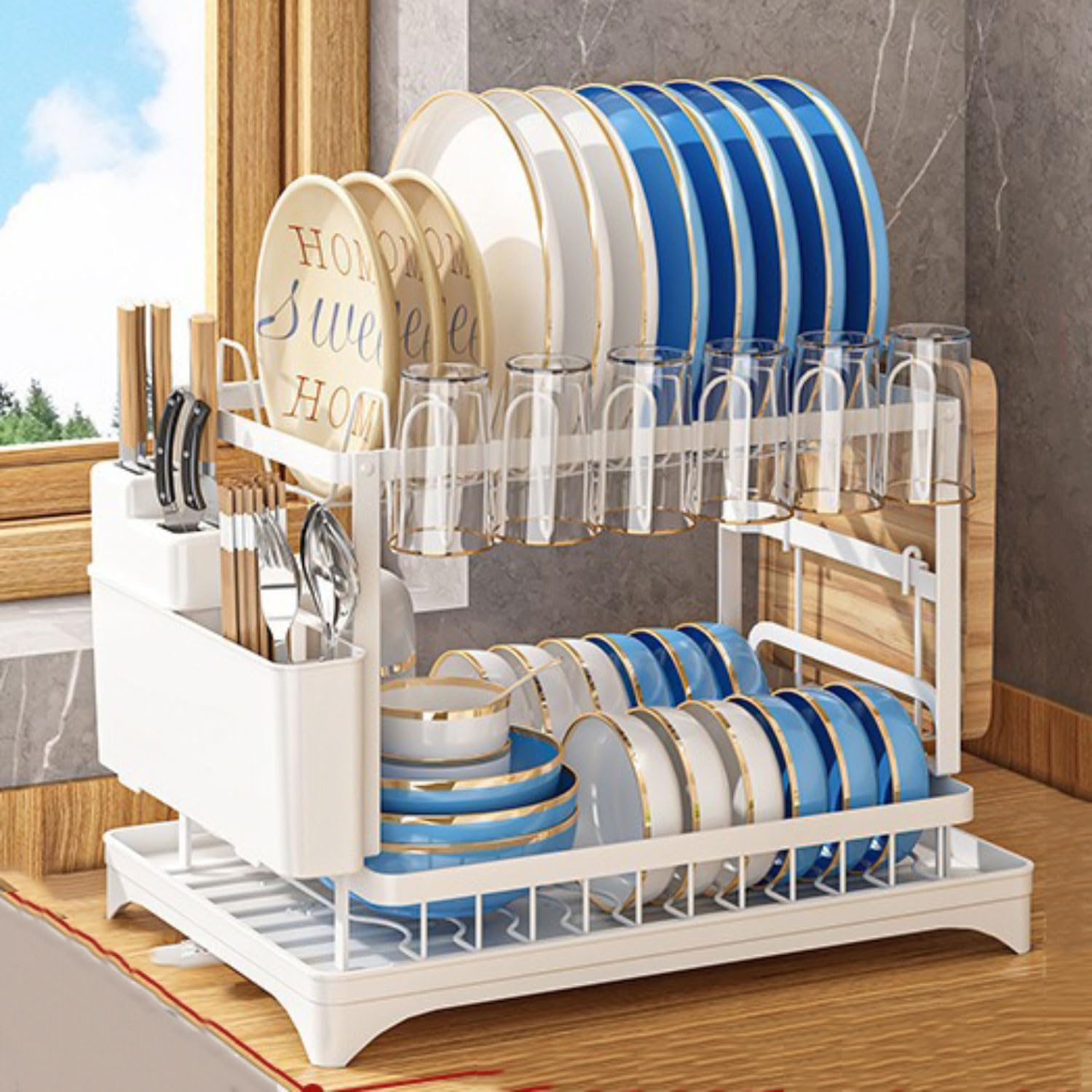 SaryEdge 2-Tier Stainless Steel Dish Rack with Draining Tray and Utensil Holder – Rustproof Space-Saving Kitchen Drying Rack for Countertop nization,Blanc,Blanc