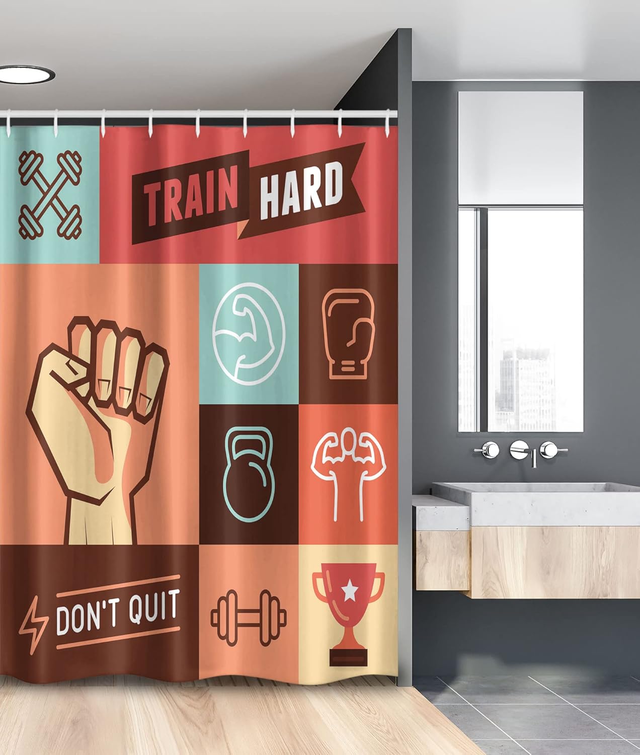Ambesonne Fitness Stall Shower Curtain, Gym Trainings Achievement Victory Strength Determination Don't Quit Phrase, Fabric Bathroom Decor Set with Hooks, 54" W x 78" L, Salmon Seafoam