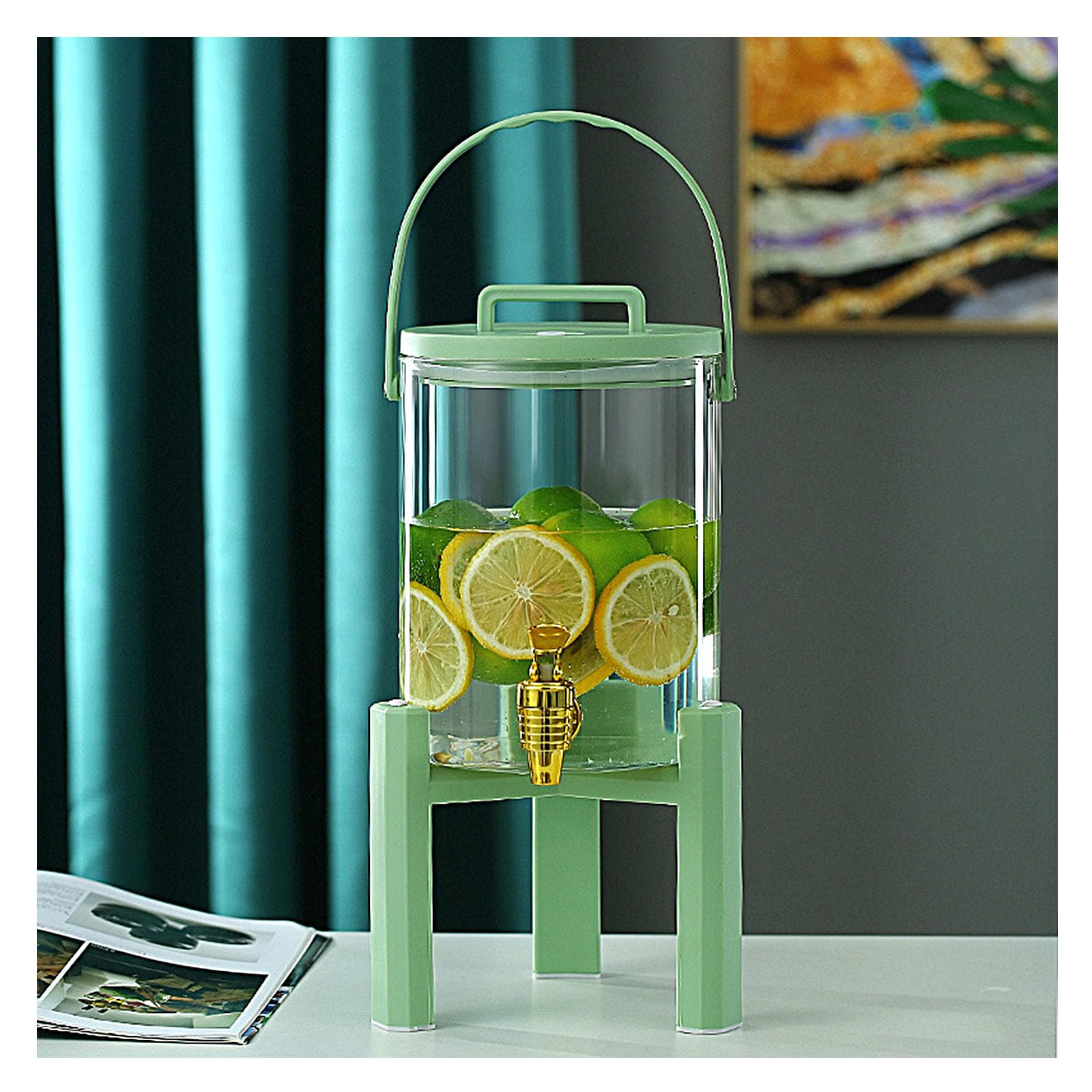Glaskaraffe Mit Deckel,Getränkespender,Glaskaraffe Glaskrug Mit PVC Wasserhahn Und Deckel Aus,Getränkekaraffe Glaskrug Für Kalt & Heiß Wasser Eistee Kaffee Milch Saft,Grün,PVC Faucet