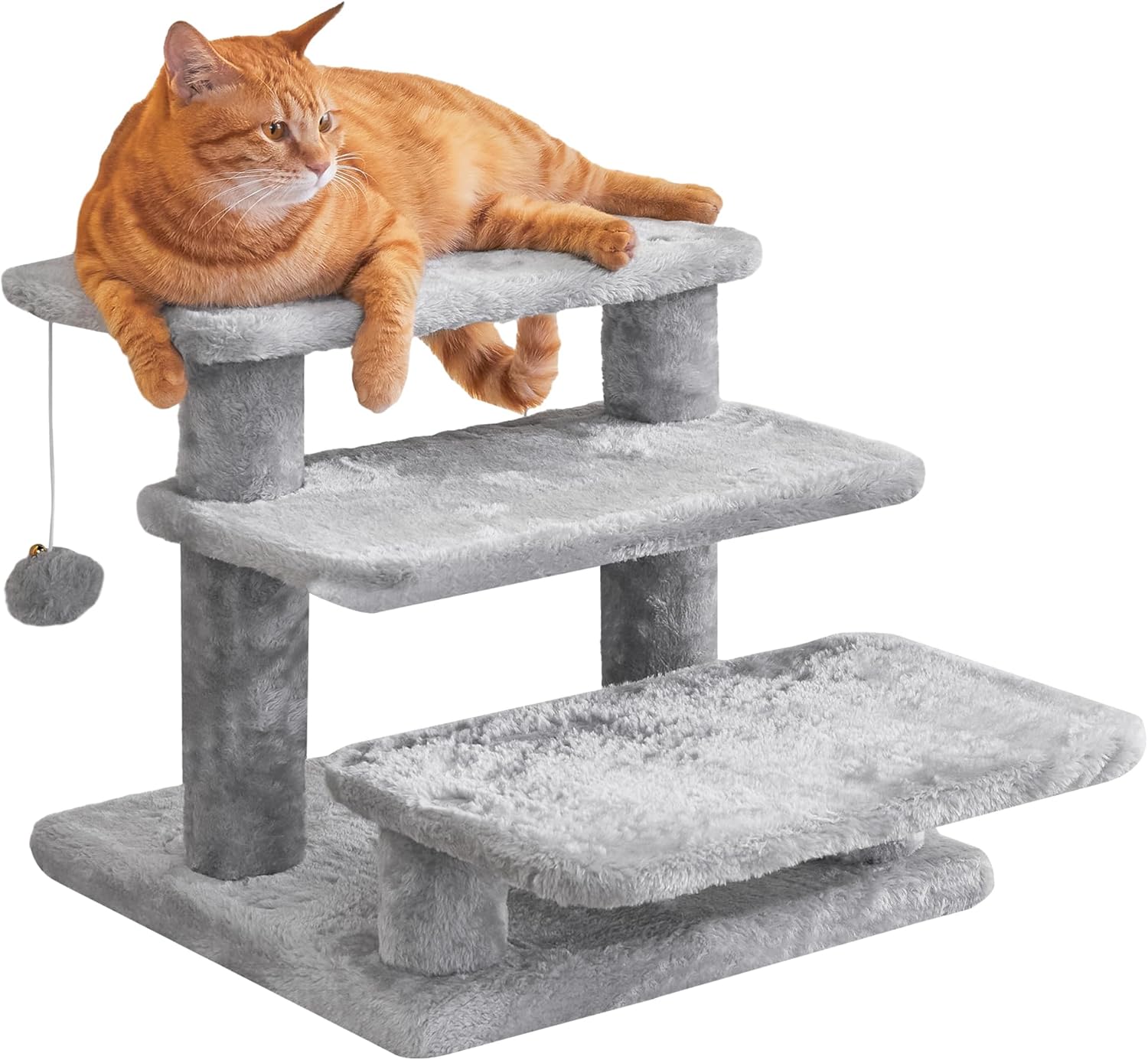 15''H Multi-Step Pet Stairs for High Beds & Sofas, 3-Step Cat Stairs with 2 Toy Balls, Wide Boards for Indoor Kittens Dogs Pets Climbing, Light Grey