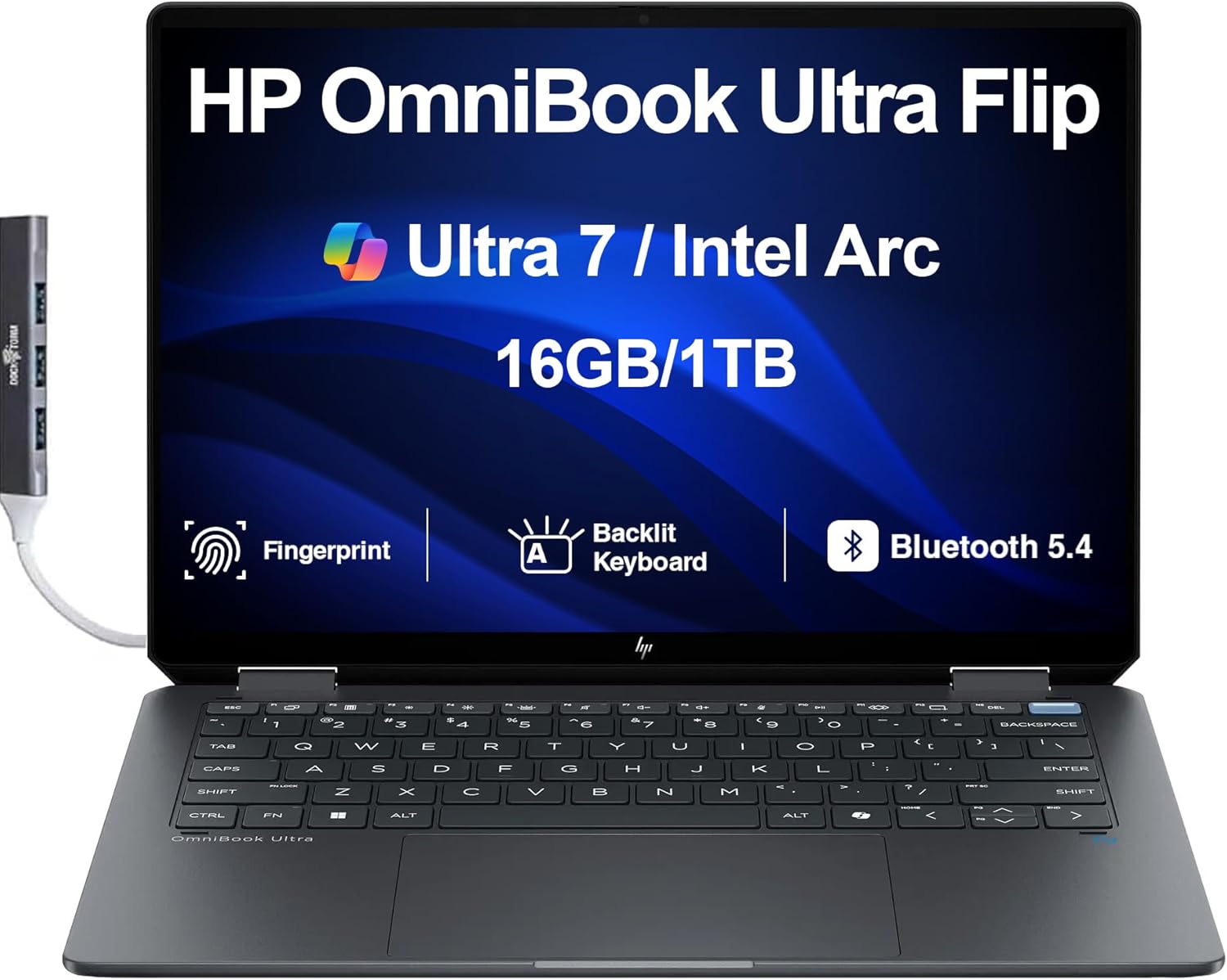 HP OmniBook Ultra Flip 2-in-1 Laptop 14.0" Touchscreen 2.8K Display (Intel Ultra 7-256V, 16GB LPDDR5, 1TB SSD, Backlit KB, Fingerprint, 2 Thunderbolt 4, WiFi 7, Win 11 Home) with DKZ USB Port Expander
