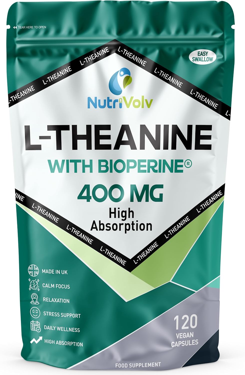 L-Theanine 400mg with BioPerine® | 120 Vegan Capsules | High Absorption & Bioavailablity L Theanine | Enhanced Sleep at Night | Boost Focus & Relieve Stress | 4 Months Supply | UK Made | by NutriVolv