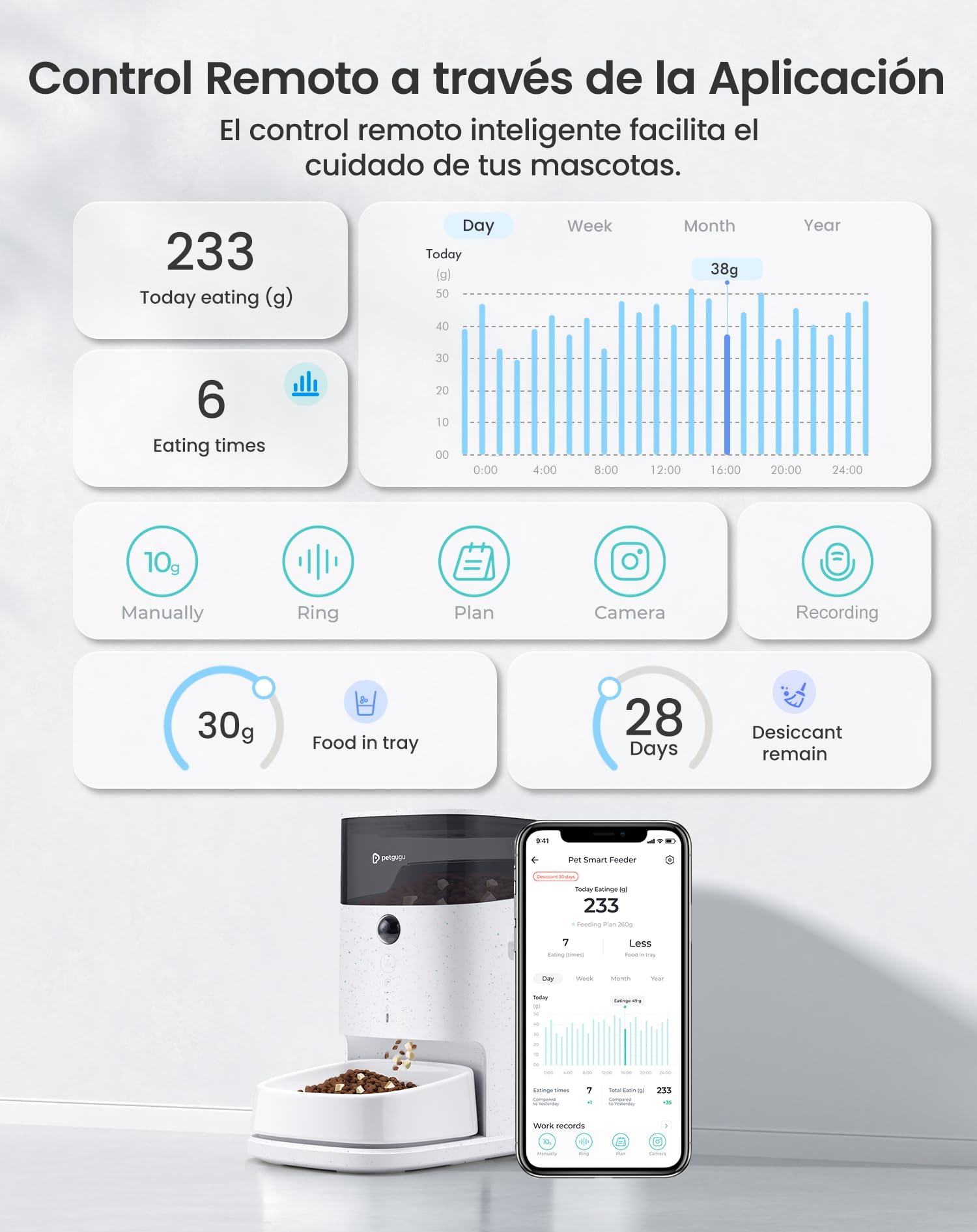 PETGUGU Comedero Gato Automático con App, Dispensador Comida Gatos Inteligente con Cámara y Voz, Temporizador y Cuencos Cerámicos