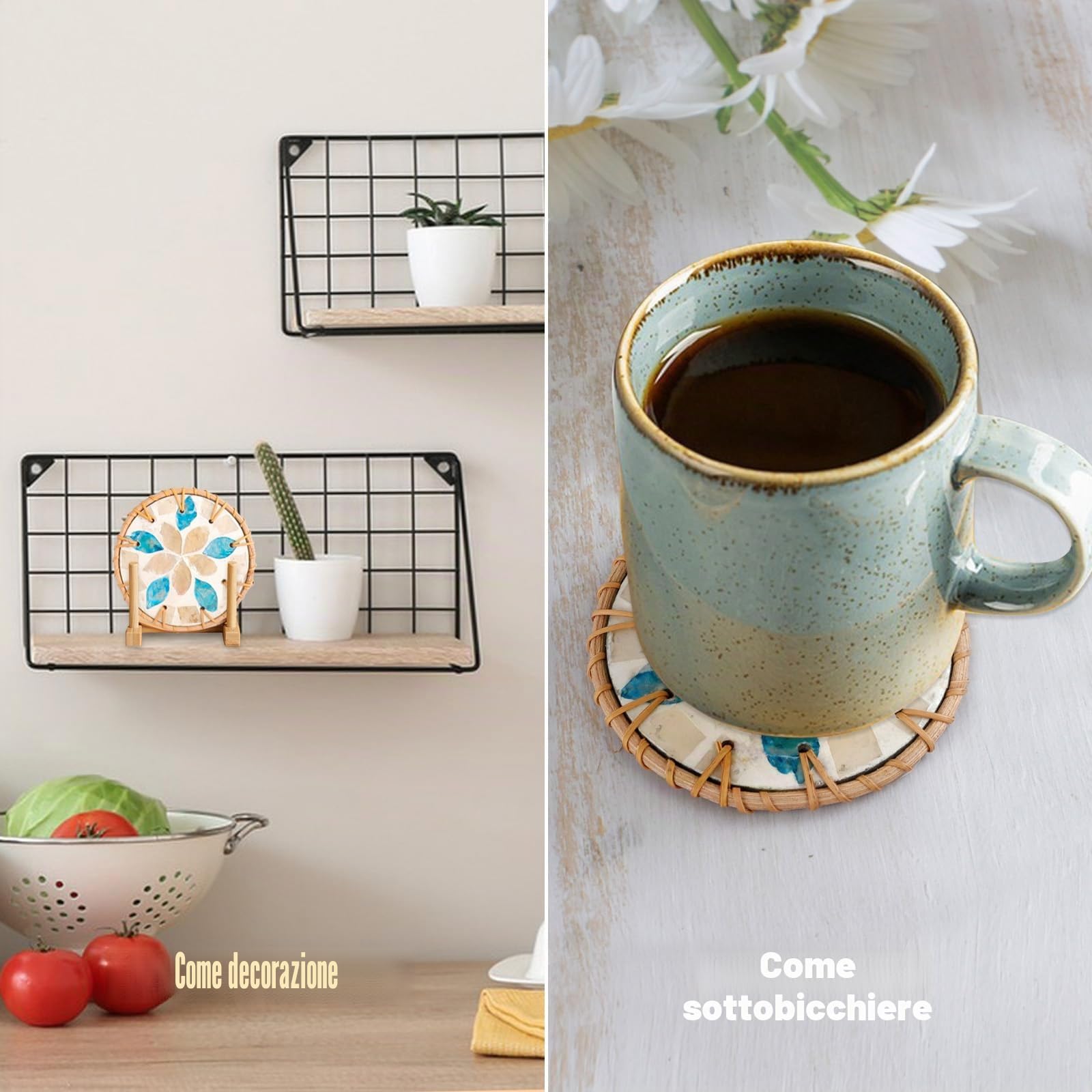 Set di 6 sottobicchieri, Boho Sottobicchieri unici in rattan e madreperla per il tavolino da caffè. Decorazione murale estetica artigianale, regalo di inaugurazione per la nuova casa