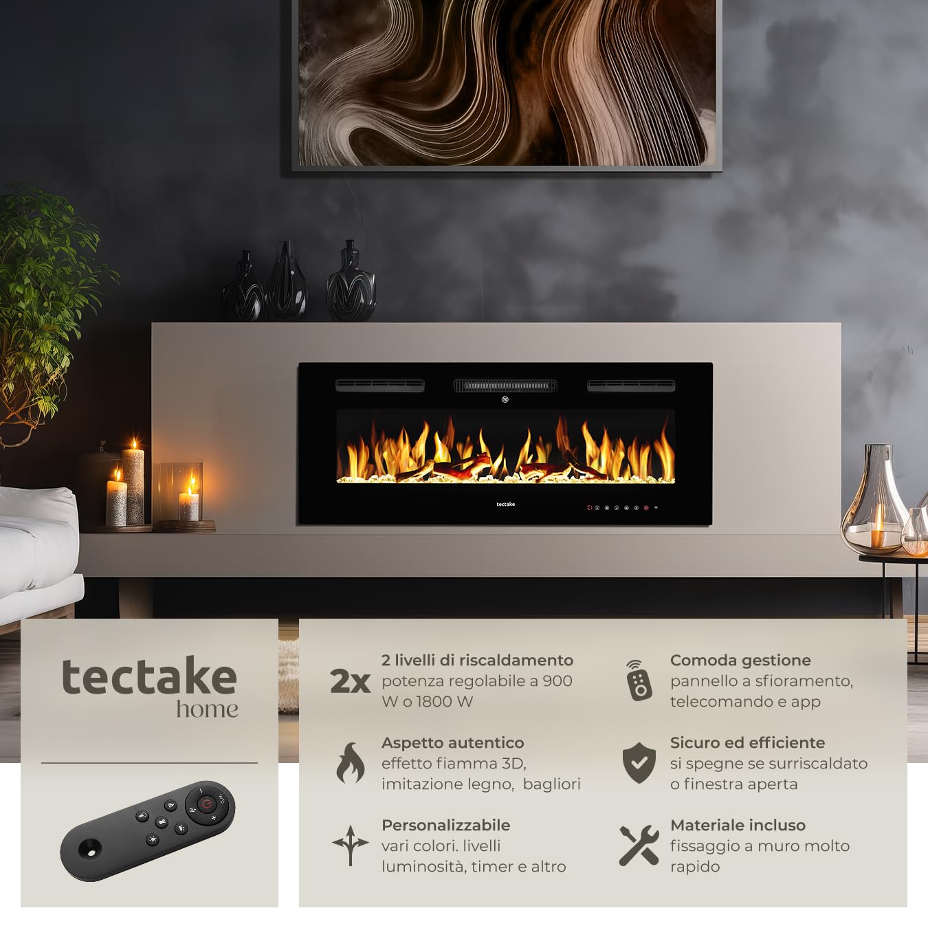 tectake® Caminetto elettrico da parete, Camino Elettrico 106,5x43x12 cm, 2 livelli di riscaldamento 900 W e 1800 W, 6 colori per effetto fuoco finto LED 3D, controllo app e WiFi e telecomando, Stufa