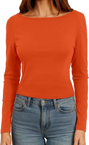 Dwnval Womens Cute Boat Neck Long Sleeve Crop Tops Soft Ribbed Knited Cropped Tees