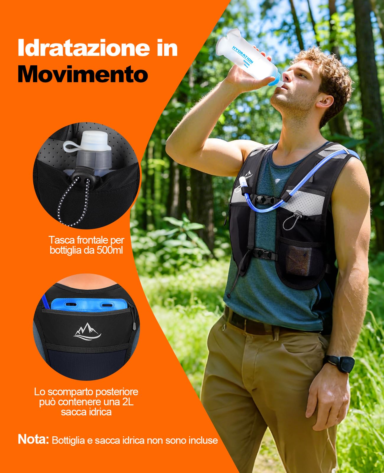 Gilet Running Rolgno Con Zaino Idratazione - Leggero, Traspirante, 2L, Riflettente, Unisex - Foto 2