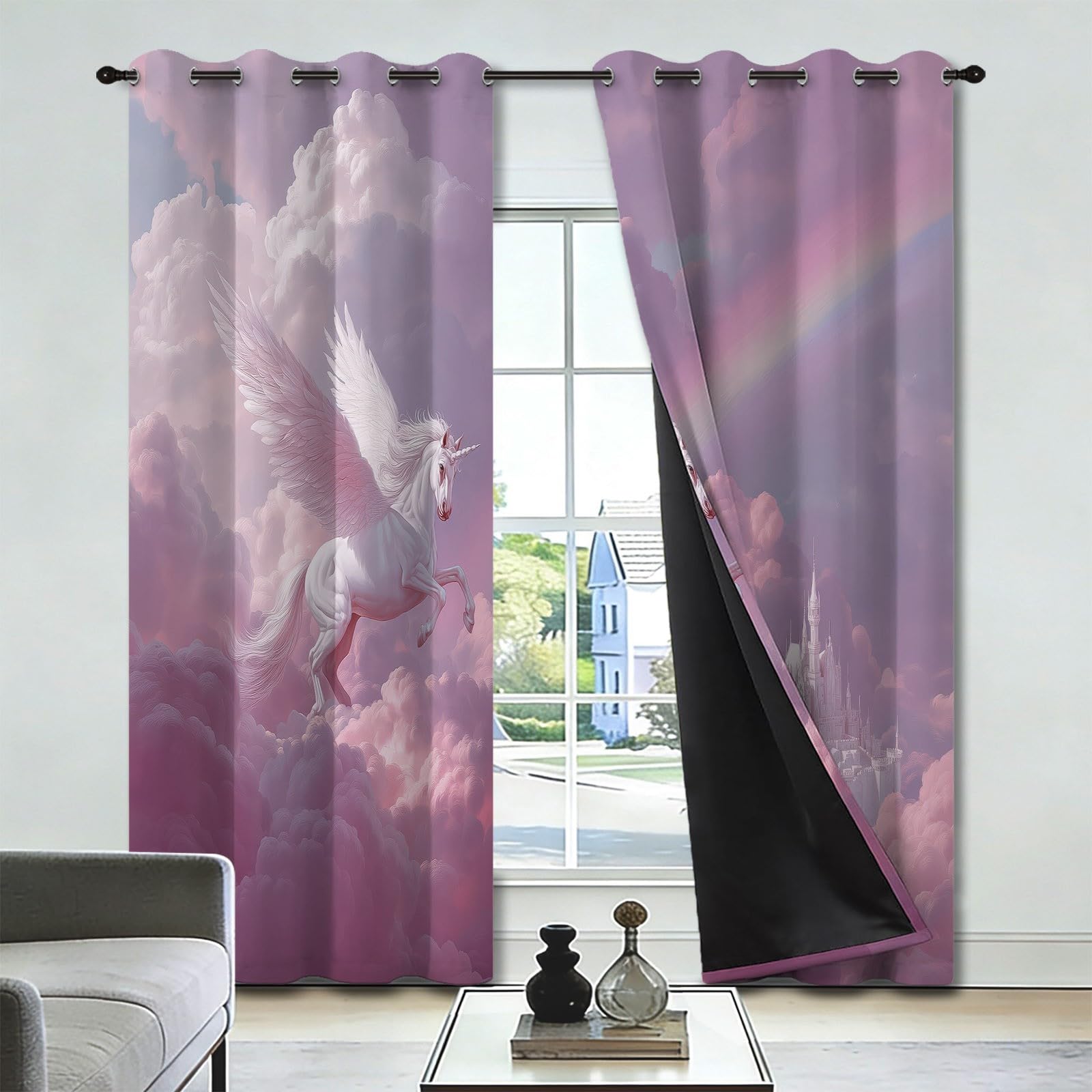 Rideau Occultant 3D Impression Licorne Château Arc en Ciel, Rideaux Salon Isolant Réduction du Bruit 140L x 245H cm (2 Panneaux) Dessin Animé Féerique Rideaux De pour Chambre Décoration