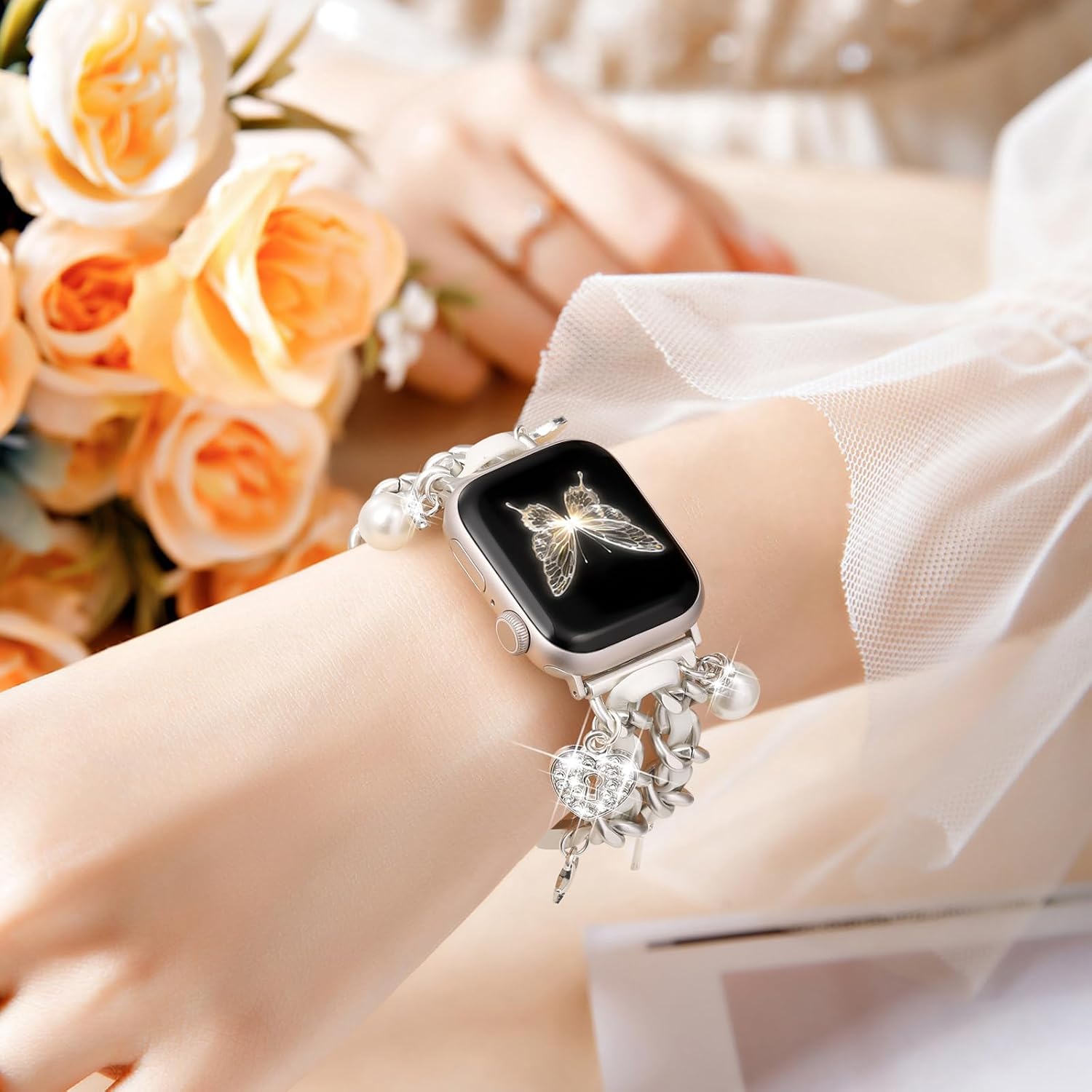 Stylish Metal Band Compatible with Apple Watch Bands for Women 40mm 38mm 41mm 44mm 42mm 45mm 46mm,Pretty Chain Strap with Apple Watch Accessories Charms for iWatch Series 11 10 9 8 7 6 5 4 3 2 1 SE image 2