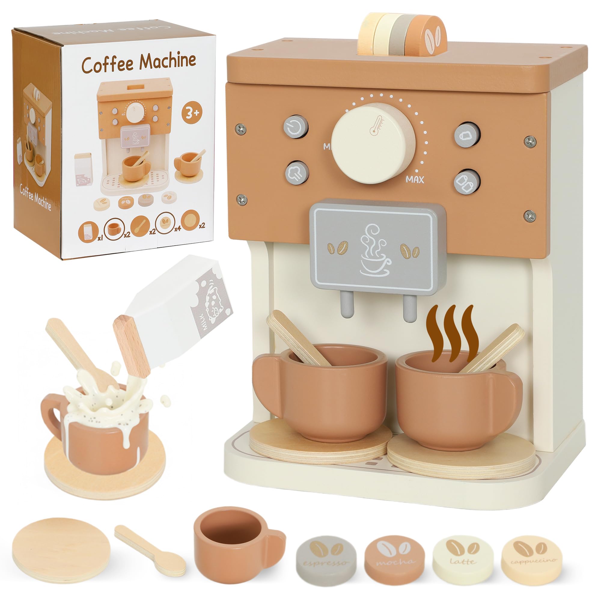 AIYAPLAY Kids Wooden Coffee Machine Toy, Pretend Play Kitchen Accessories with Toy Food, Coffee Playset Pretend Role Play Gift for Boys and Girls Ages 3+