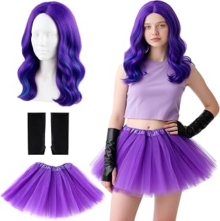 3 Pcs Halloween Costumes for Girls Purple Mixed Blue Wigs Purple Tulle Skirt Fingerless Faux Leather Gloves Princess Movie Costume for Halloween Costume Cosplay