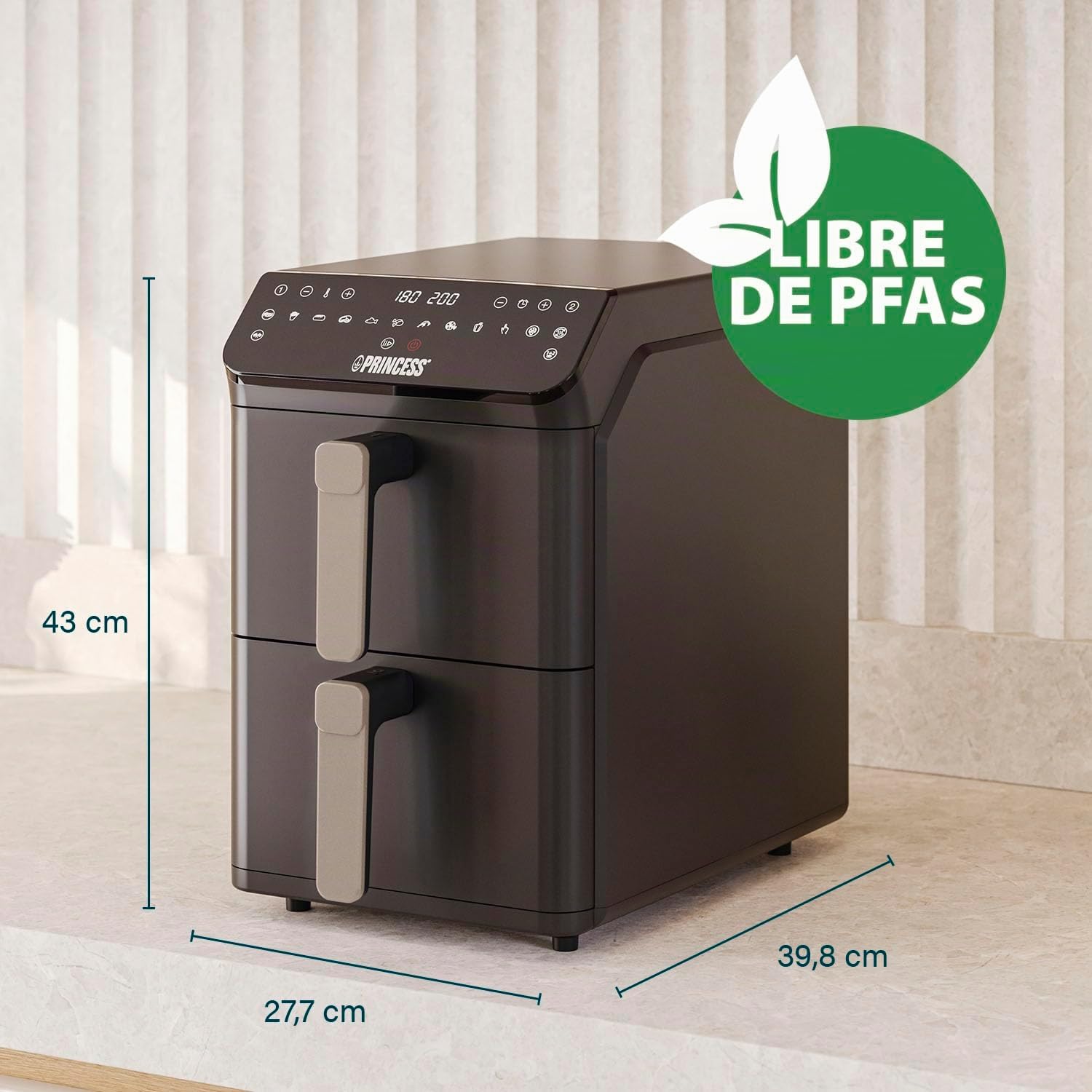 Princess Stack Freidora de Aire, Doble Freidora, 11,2 L, 3000 W, Diseño Vertical, Función Sincronizada, Revestimiento sin PFAS, Negro, 01.182278.01.001