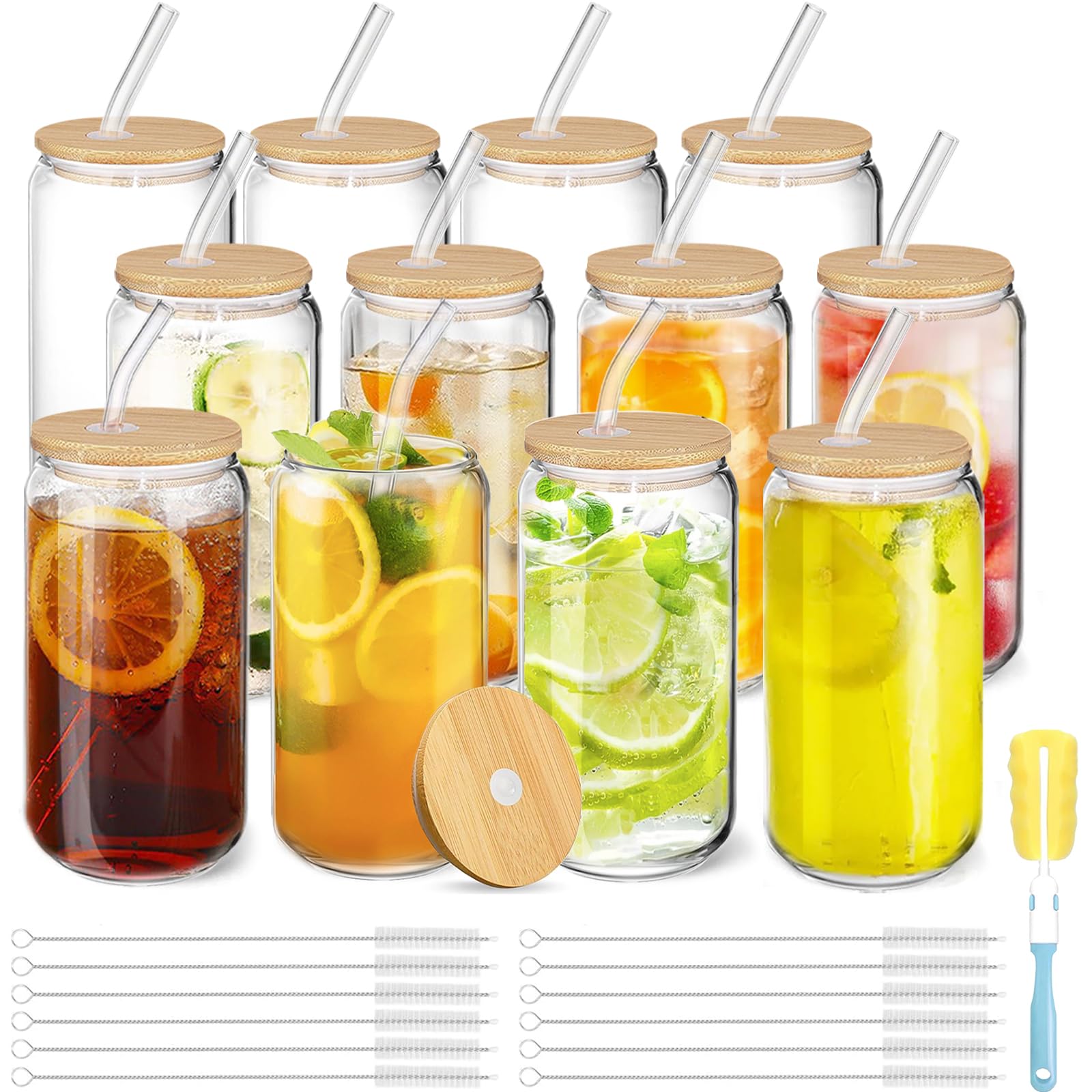 12er Set Glas mit Deckel und Strohhalm - 500ml Trinkgläser mit Deckel, Cocktailgläser Gläser Set, Iced Coffee Becher, Tee Wasser Trinkgläser mit Glasstrohhalm, Geschenk-Set, Familienparty, Bar | Wiederverwendbare Bierdosenform, Trinkgläser für Smoothies,