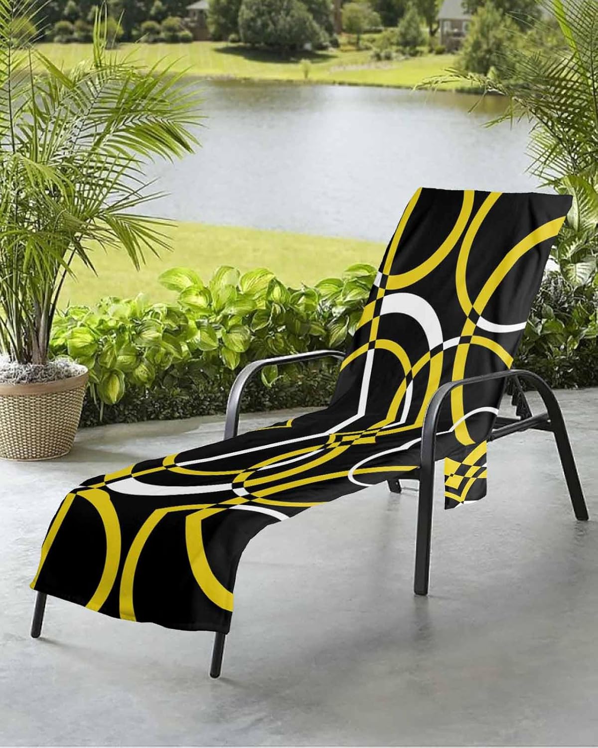 Modern Yelllow Beach Pool Patio Lounge Chaise Chair Cover Towel With Pockets,Absorbent & Quick Dry Microfiber Towel Cover Bag Summer Travel Accessories for Sunbathing Black White Abstract Art