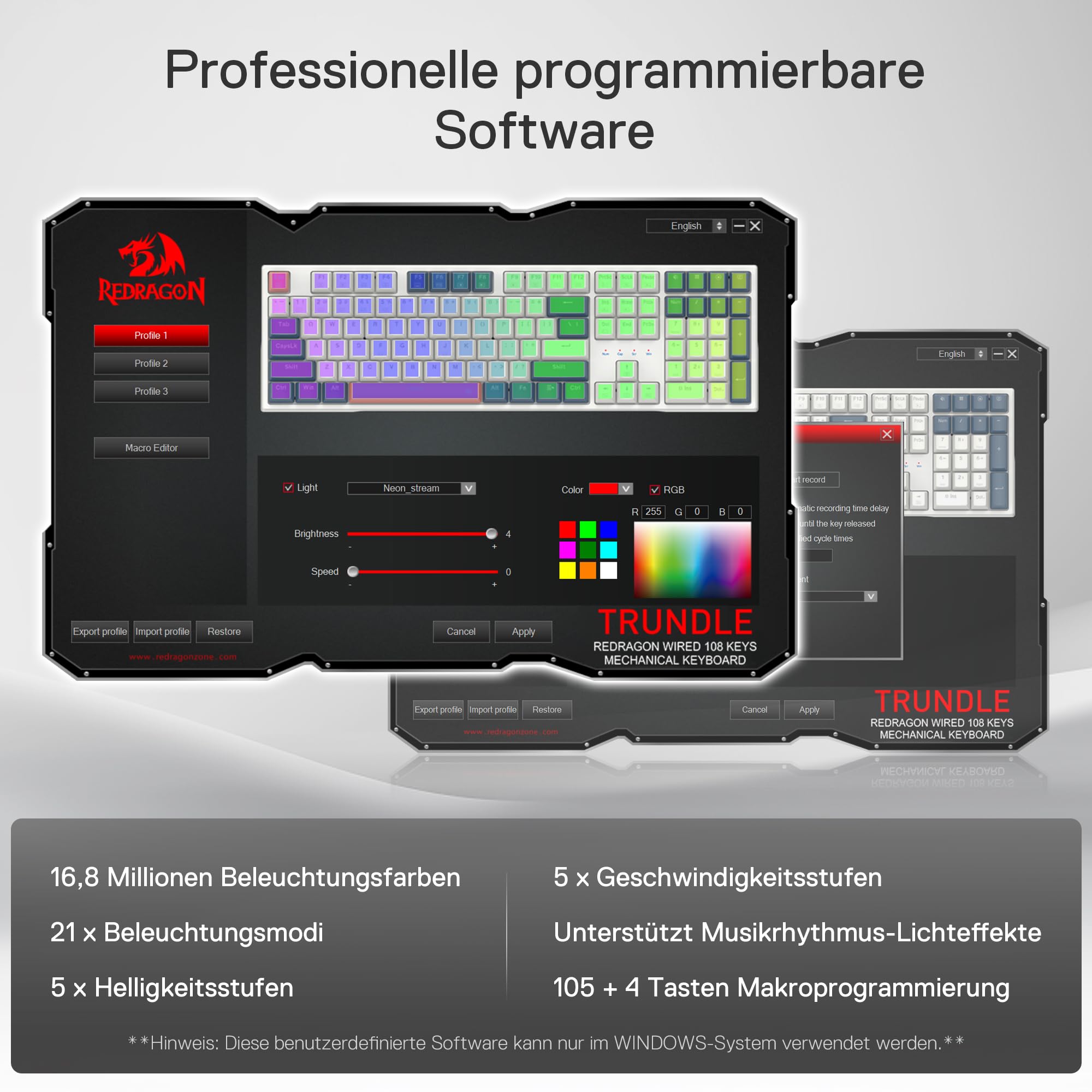 Redragon K668 QWERTZ-Layout Kabelgebundene Gaming-Tastatur, 105+4 Tasten Tastatur, Hot-Swap Sockel, Leise Roten Schaltern, Mischfarben-Tastenkappen, RGB-Hintergrundbeleuchtung, Multimedia-Shortcuts
