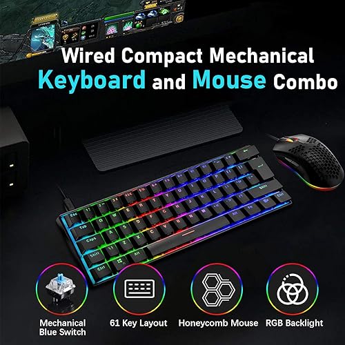 Miniatura 2 de Teclado mecánico para juegos y mouse ligero de panal con retroiluminación RGB arco iris, 61 teclas, ergonómico, programable, con cable, USB para