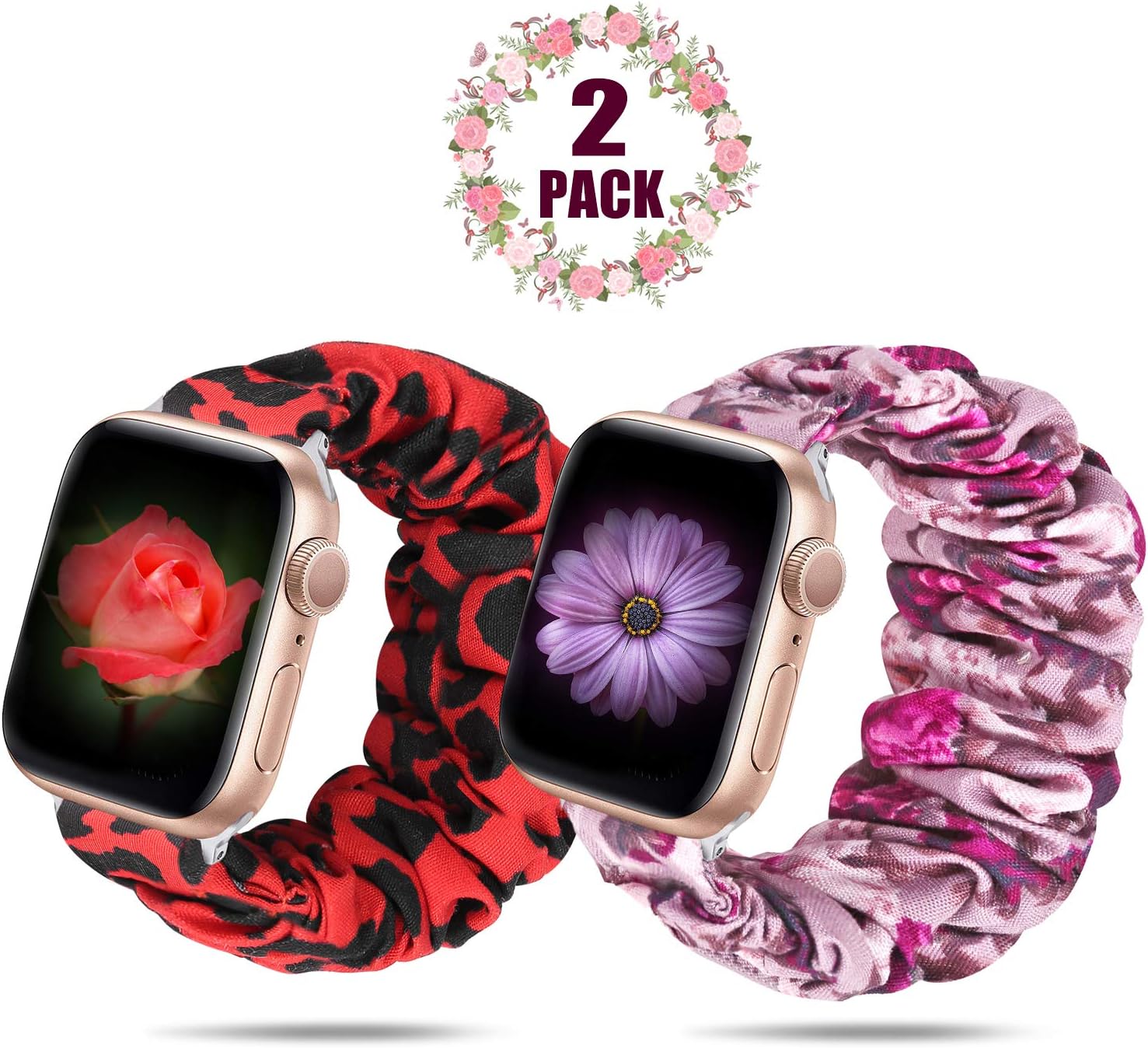 Huishang 2 Pack Scrunchie Watch Band Compatible for Apple Watch Band 38mm 42mm 40mm 44mm Women,Soft Elastic Strap Compatible with iWatch Apple Watch Series 5 4 3 2 1(Red Leopard+Purple Flower,38/40mm)