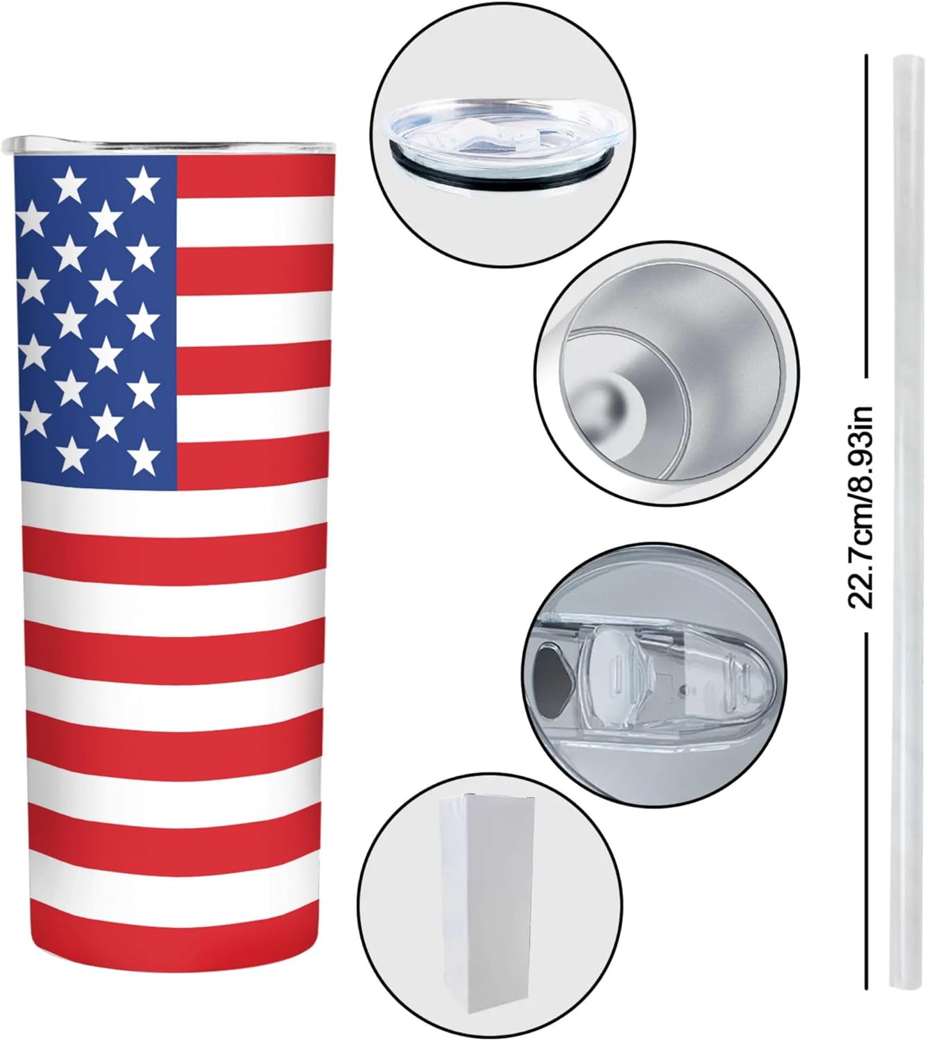 20 Oz Insulated Straight Tumblers American Stripe Flag Cup with Lid, Double-Layer Patriotic Stainless Steel Coffee Travel Mug, Presents for Family Friends
