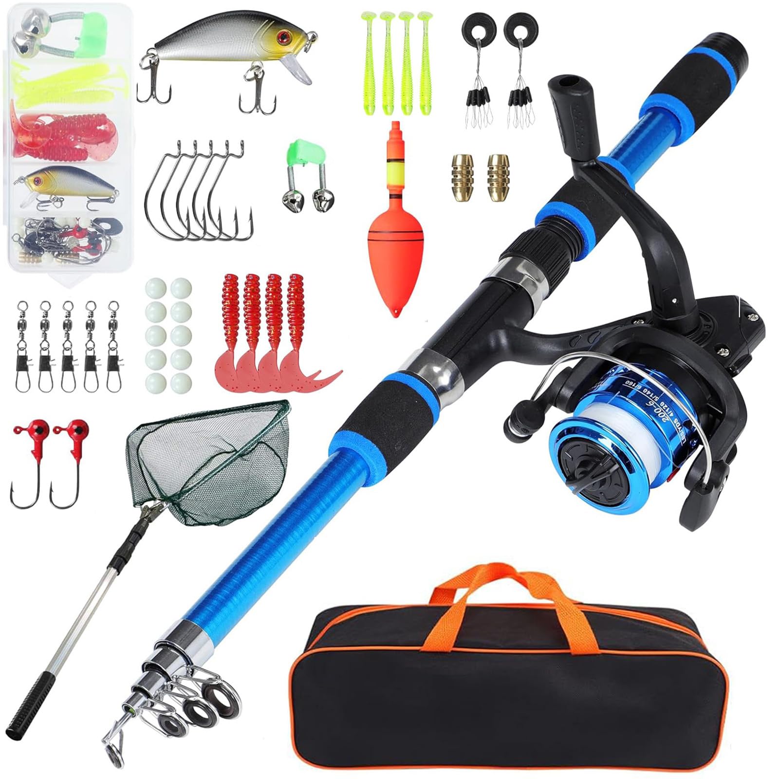 Puniama Kids Fishing Rod and Reel Combo Set, 180cm Lightweight Telescopic Fishing Pole with Landing Net, Spinning Reel, Bait Box & Carry Bag – Beginner Fishing Gear for Children & Teens