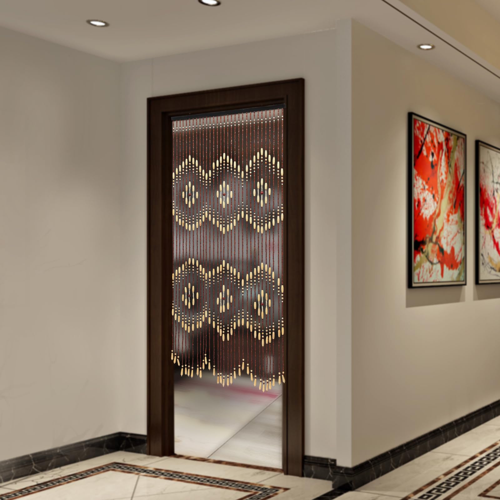 Rideau de porte en perles, 31 chaînes de perles, fabriqué en bambou et bois, fait à la main, beige, marron, 90 x 175 cm, rideau de porte en bois naturel