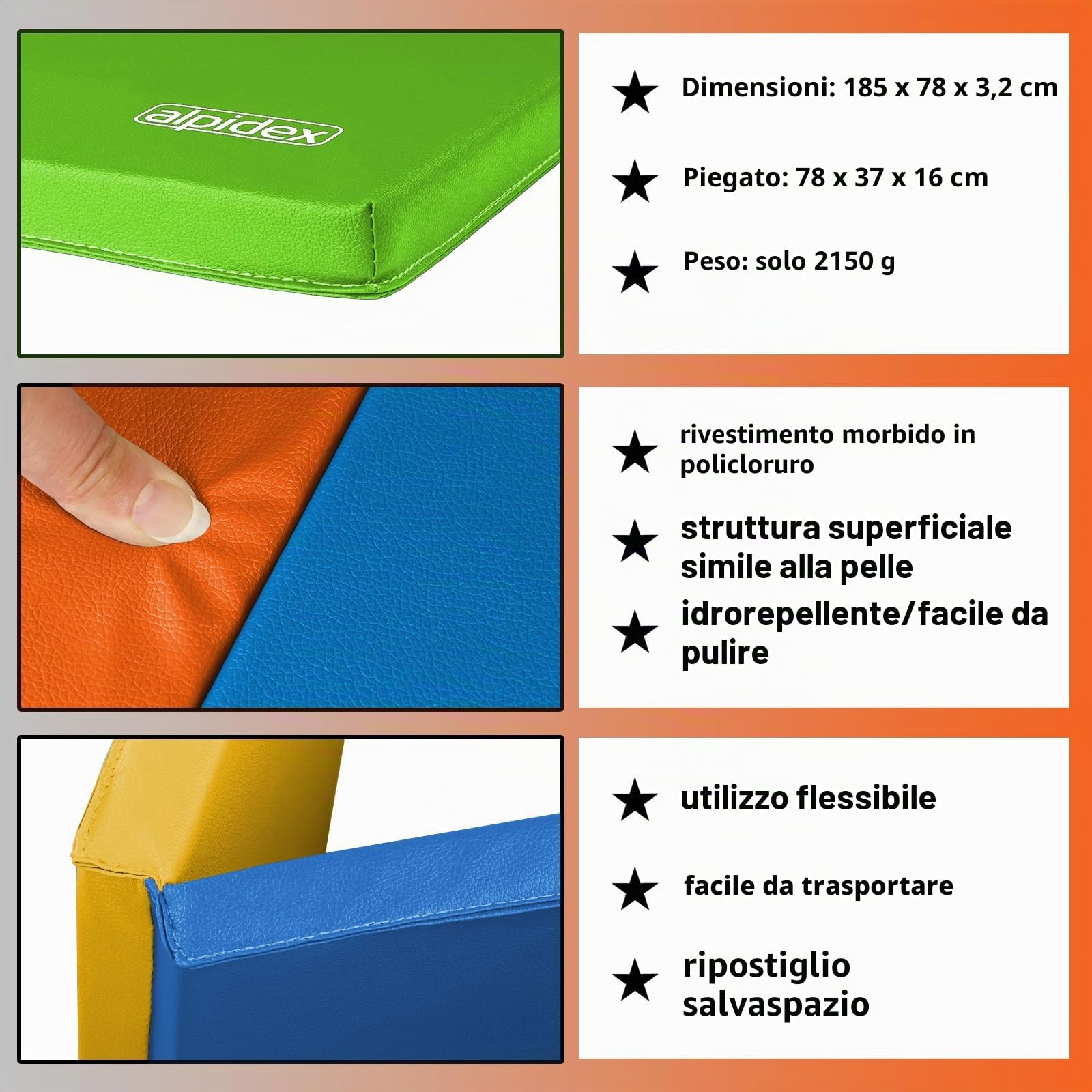 ALPIDEX Tappetino da ginnastica 185 x 78 x 3,2 cm pieghevole pavimento sportivo ginnastica palestra materassino fitness tappeto sport yoga mat gym bambini adulti