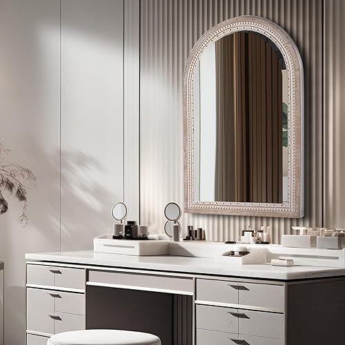 Miniatura 7 de Reflinto Espejo redondo rústico de 24 pulgadas, espejo decorativo de pared para colgar, marco de madera natural envejecida con borde blanco lavado