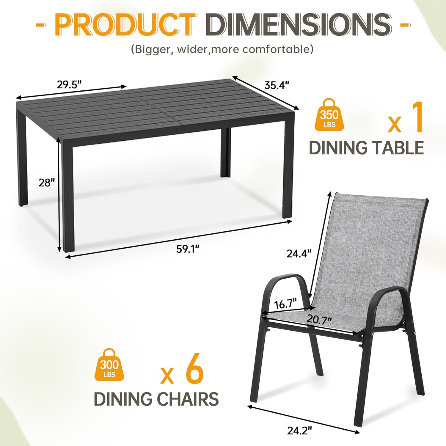 PIZZELLO 7-Piece Outdoor Dining Set Patio Dining Set for 6 Outdoor Table and Chairs All Weather Outdoor Patio Set w/Stackable Patio Chairs and HDPE Dining Table for Backyard, Garden and Poolside