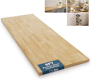 Solid Wood Butcher Block Countertop - 6ft Unfinished Birch Slab Counter Top Wooden Table Desk Top for DIY Kitchen Island, Workbench, Washer Dryer, Coffee Bar Table, 72"x25"x1.5"