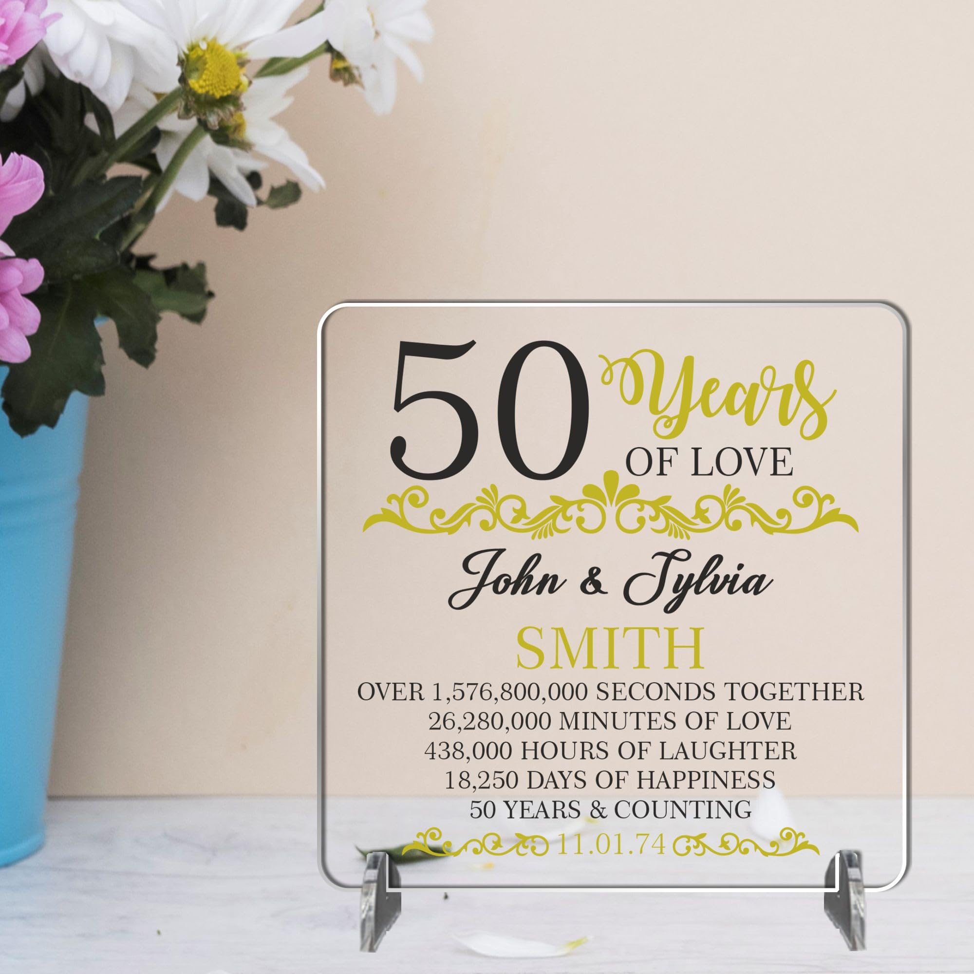 Customised 50th Anniversary Acrylic or MDF Plaque – "50 Years of Love" Personalised Keepsake with Names and Golden Design – Unique Gift for Golden Wedding Anniversary (Acrylic Indoor & Outdoor Use)