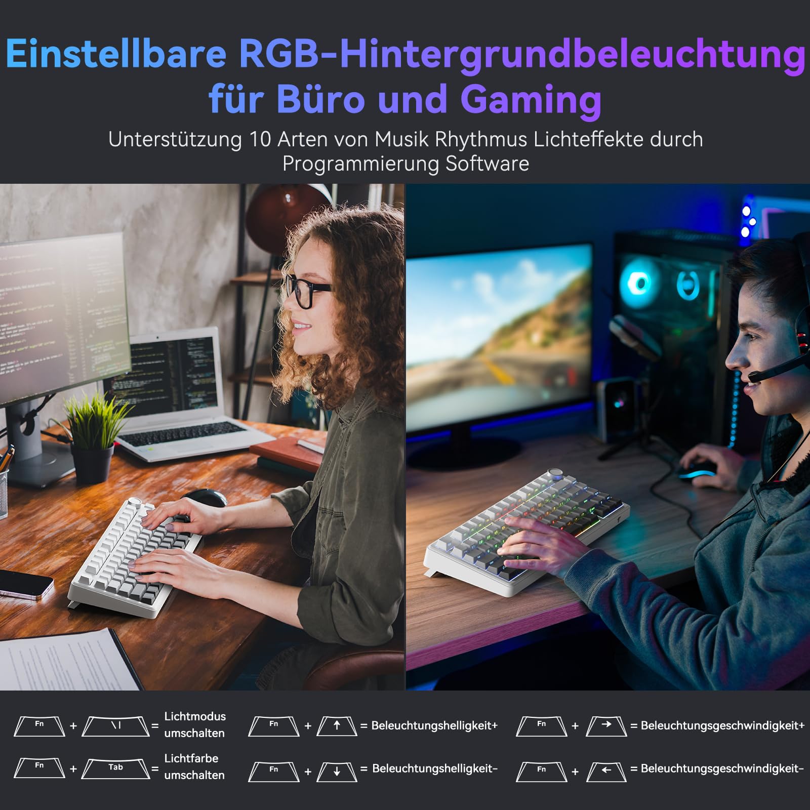 TECURS Klawiatura gamingowa mechaniczna ISO-DE | 75% Hot-Swap Sideprinte klawiatura bezprzewodowa czerwona oś Gasket Mount, PBT, RGB, Creamy MK209 Keyboard (2,4 G/BT/typ C) QWERTZ – dla graczy Setup