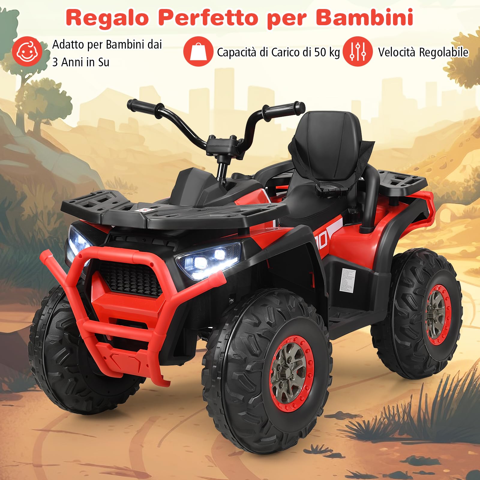 GYMAX Auto Elettrica per Bambini 3+ Anni, Quad Elettrico 12 V per Bambini con Funzioni USB/MP3/TF, Fari a LED, Clacson, 2 Velocità, Carica di Peso 50 kg, 113 x 69 x 76 cm (Rosso)