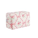 Small Quilted Cotton Makeup bag, Cute Floral Cosmetic bag, Cotton Aesthetic Makeup Pouch, Large Capacity Travel Toiletry Bag for Women and Girls (02Pink bows)